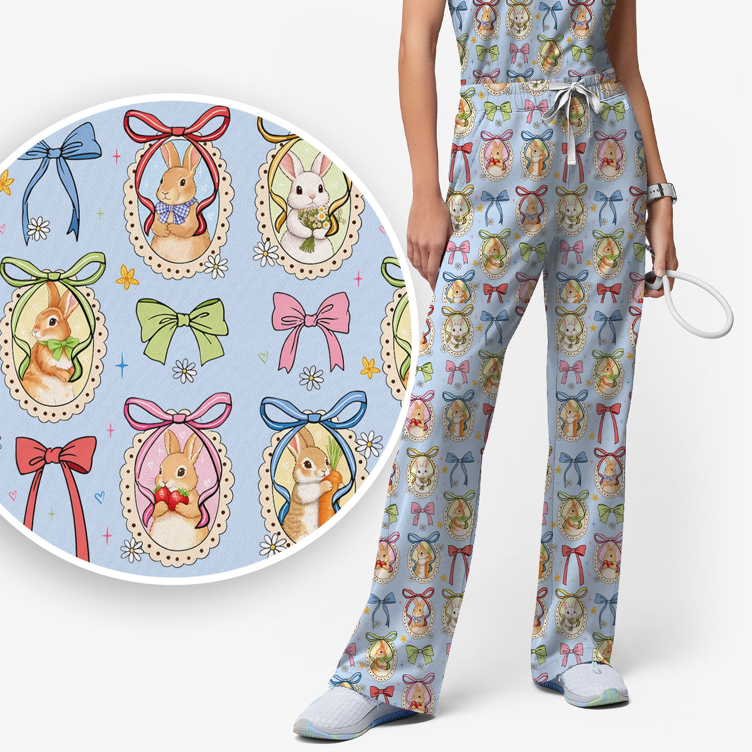 Cute Easter Bunny Cameo Colorful Bow Pattern Scrub Set, Breathable Med Uniform
