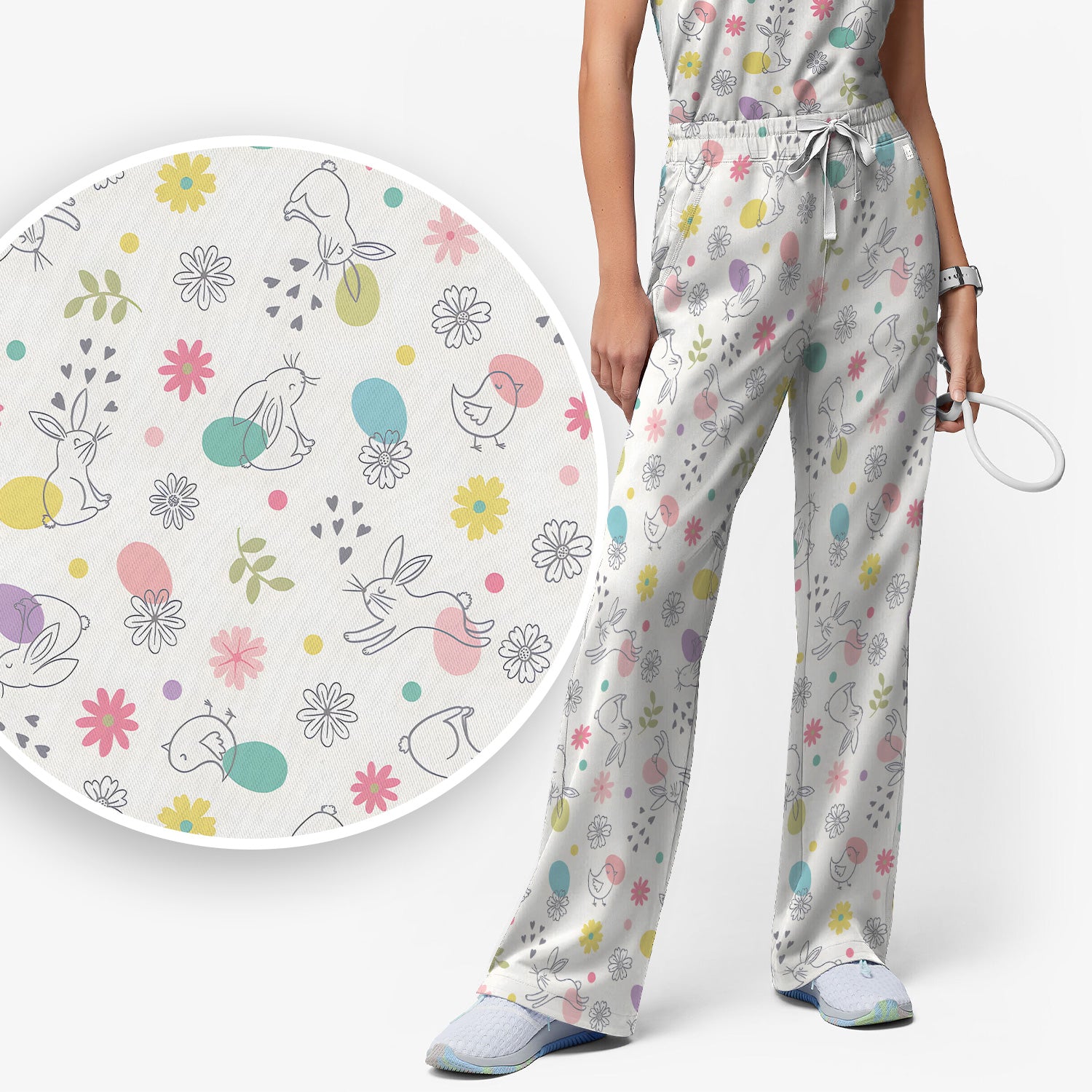 Whimsical Easter Bunny Eggs Pattern Scrub Set, Scrub Pants and V Neck Top