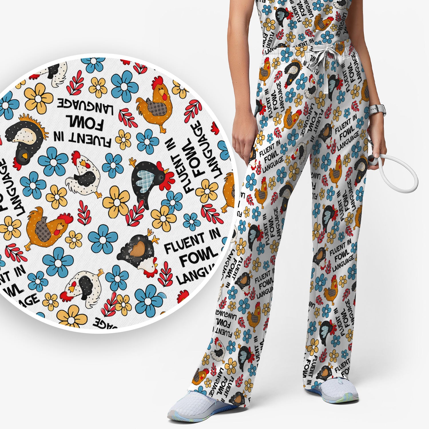 Funny Chicken Fluent in Fowl Language Pattern Scrub Set, Scrub Pants and V Neck Top