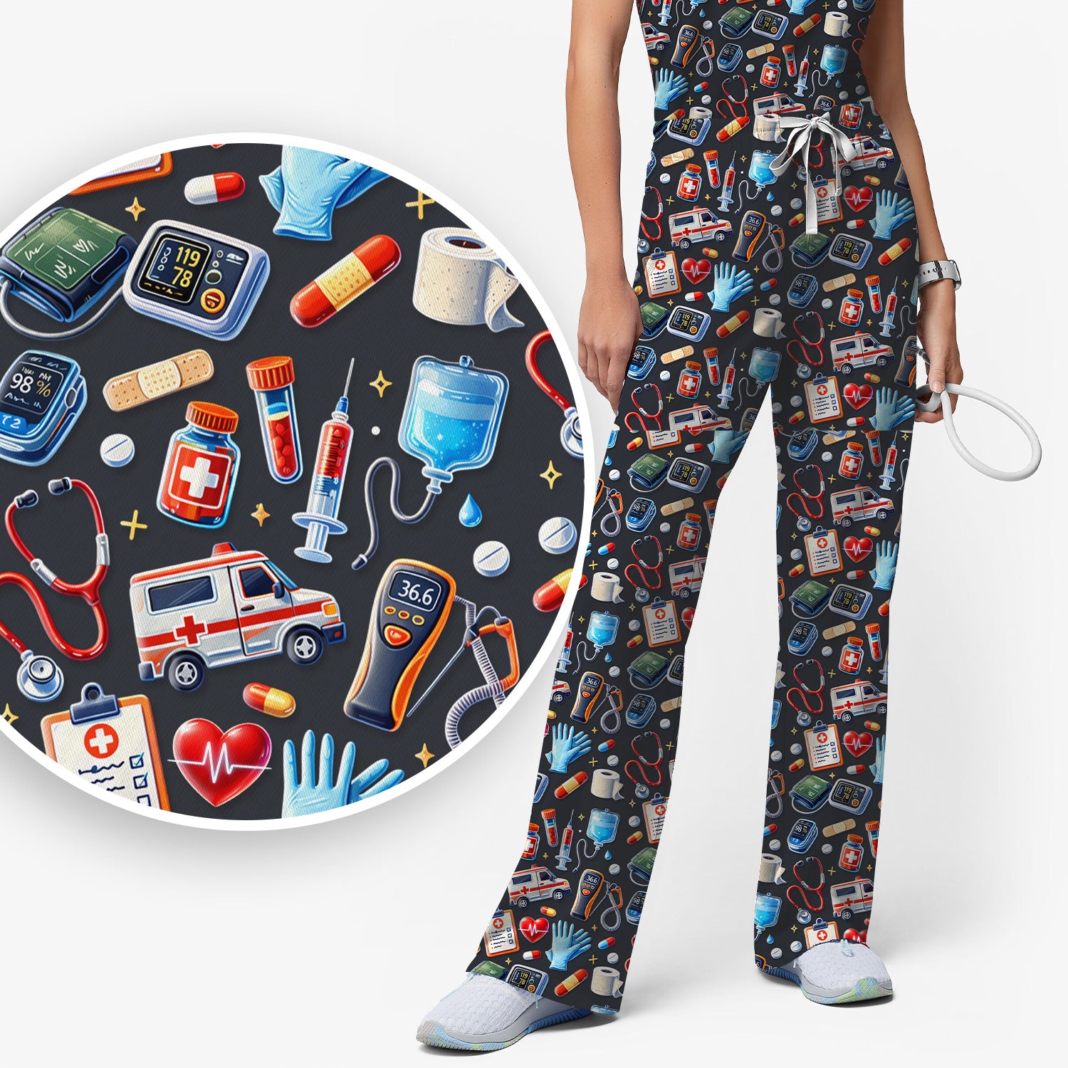 Medical Tools Pattern Ambulance Stethoscope Scrub Set, Scrub Pants and V Neck Top