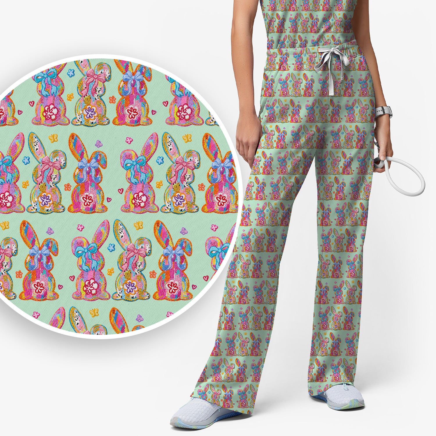 Cute Pastel Bunny Floral Pattern Scrub Set, Breathable Med Uniform