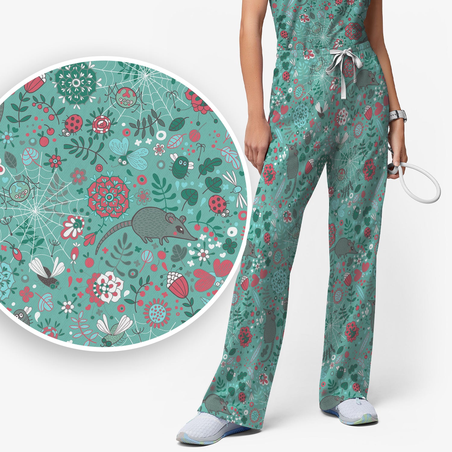 Woodland Mouse Floral Pattern Scrub Set, Breathable Med Uniform