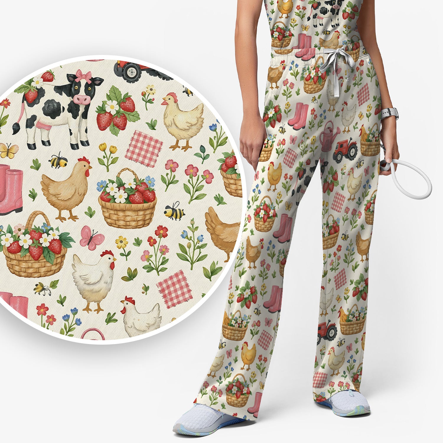 Whimsical Farm Animals Garden Pattern Scrub Top, Comfortable Scrubs for Nurses