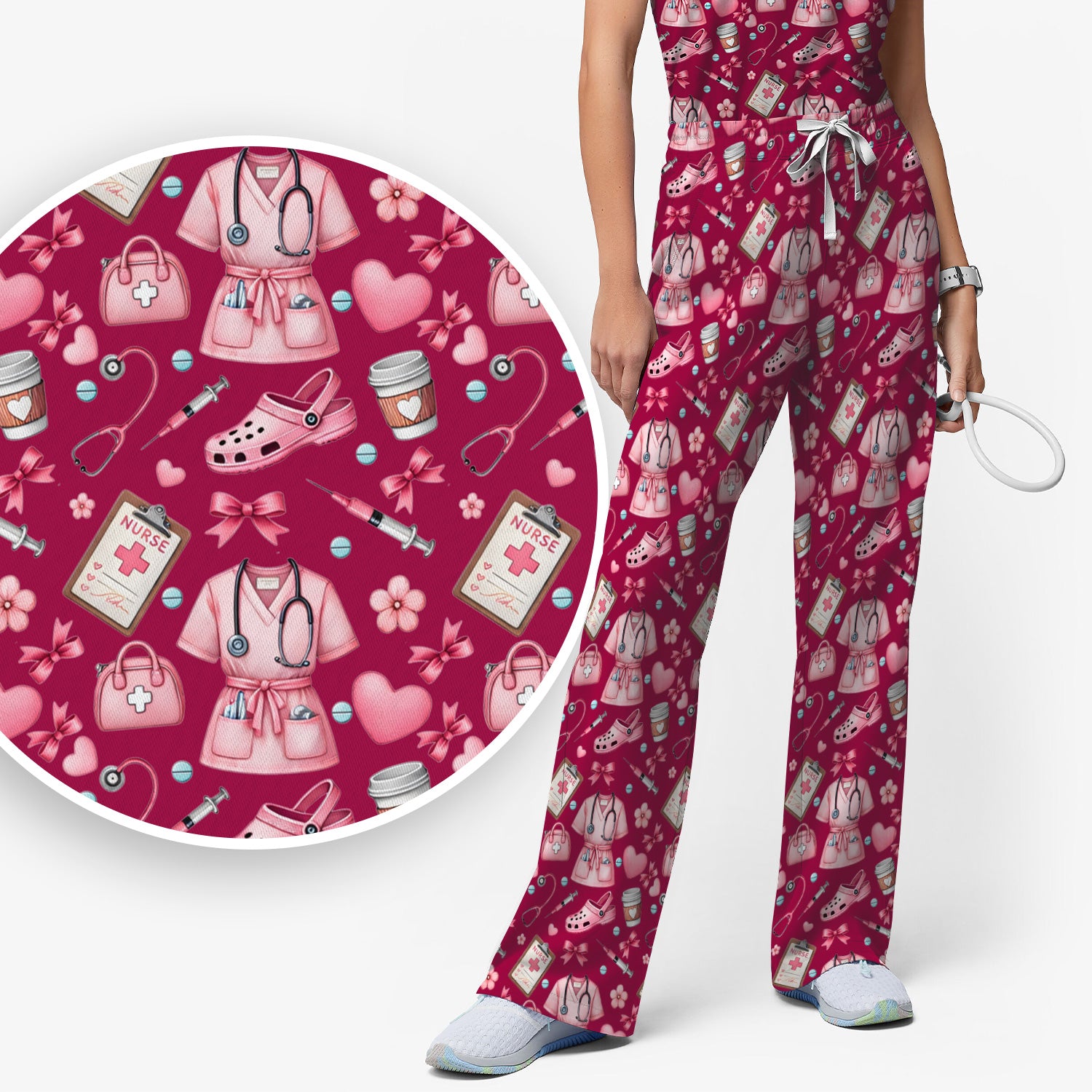 Valentine Pink Nurse Icons Print Women's Scrub Set, Breathable Med Uniform