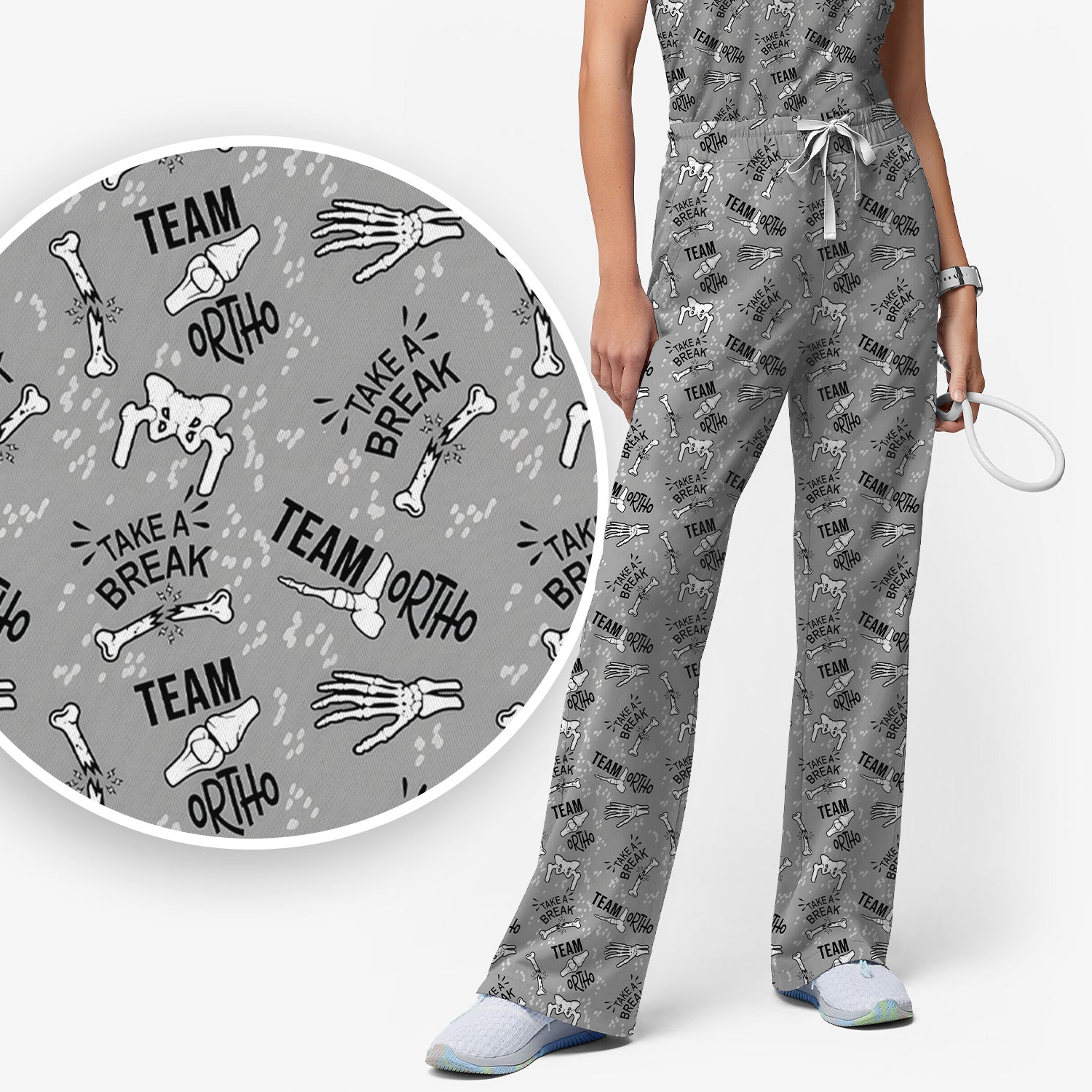 Team Ortho Bone Joint Print Scrub Set, Scrub Pants and V Neck Top