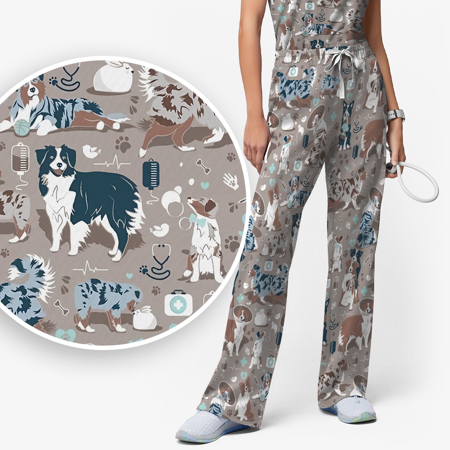 Cute Dog Pattern Women's Veterinary Scrub Set, Scrub Pants and V Neck Top