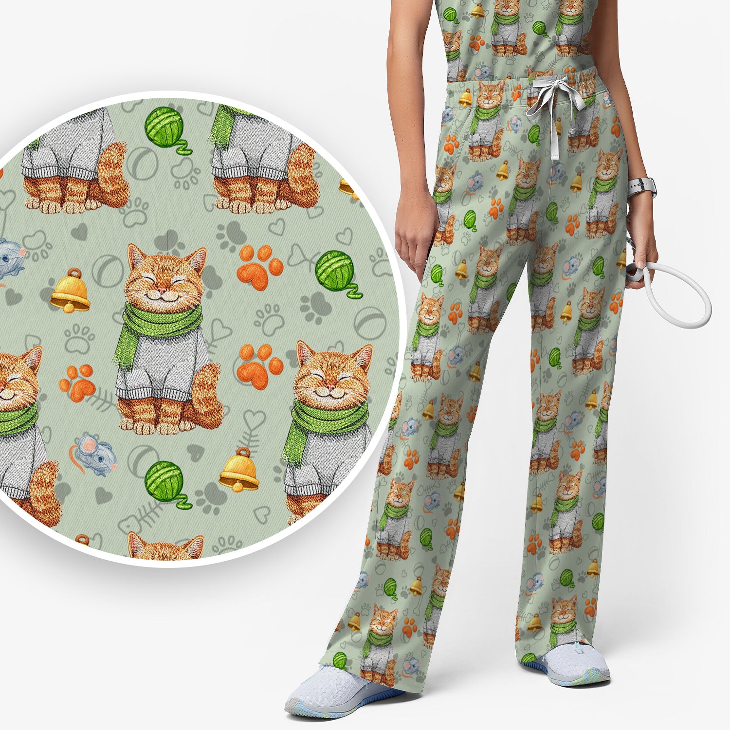 Adorable Cat Lover Nurse Scrub Set, Cute Cat Medical Pattern Shirt, Breathable Fabrics Nursing Uniform