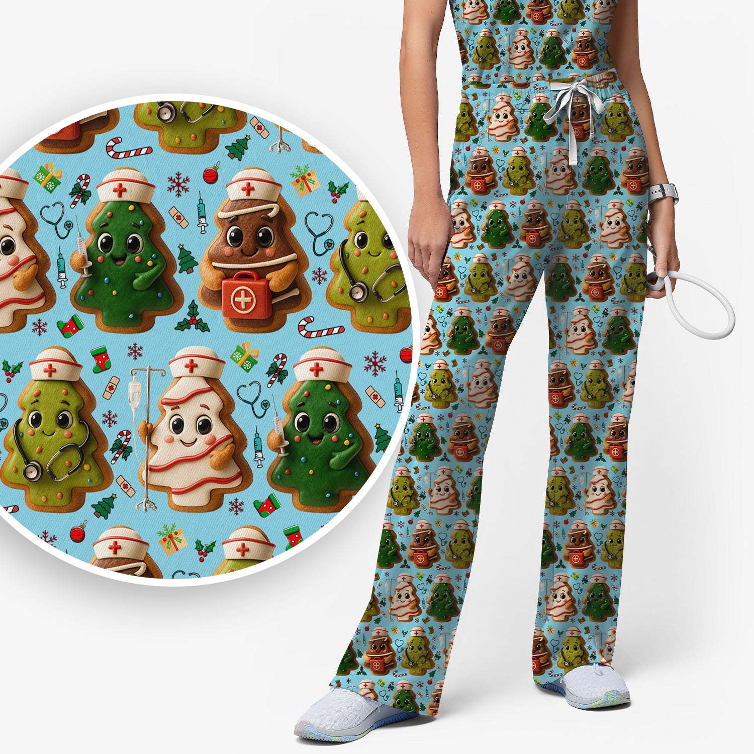 Christmas Cookie Scrub Set – Festive Nurse & Holiday Tree Pattern – Cute Medical Uniform for Nurses, Vets and Healthcare Workers