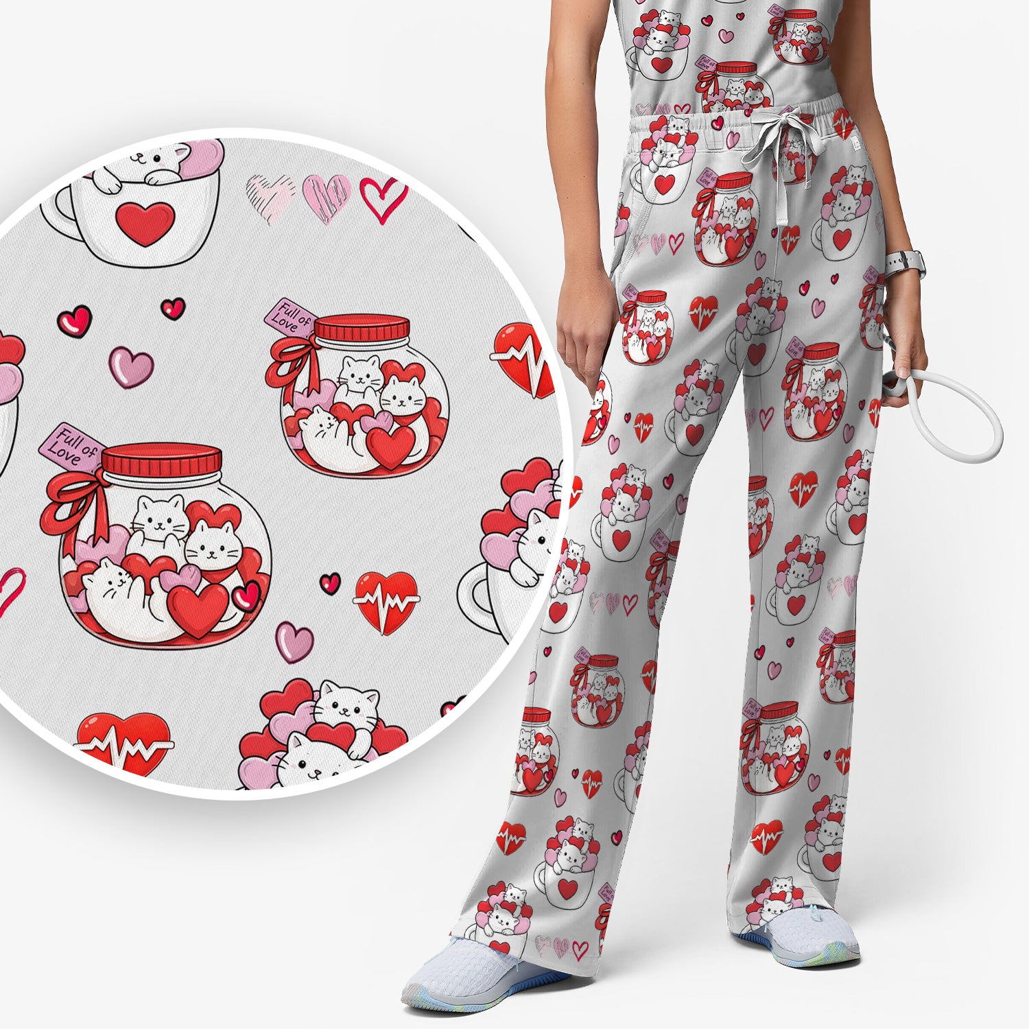 Cute Cat Valentine Nurse Scrub Set, Women's Scrub Sets Breathable Uniform