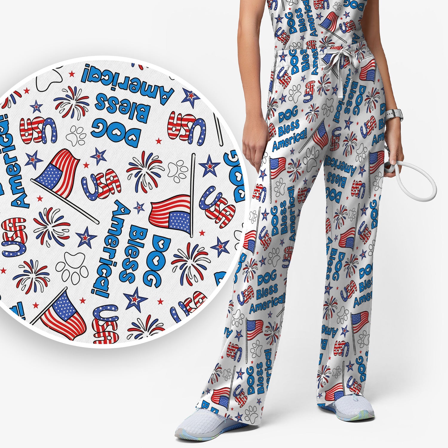Funny Patriotic Dog Bless America Flag Pattern Scrub Set, Scrub Pants and V Neck Top