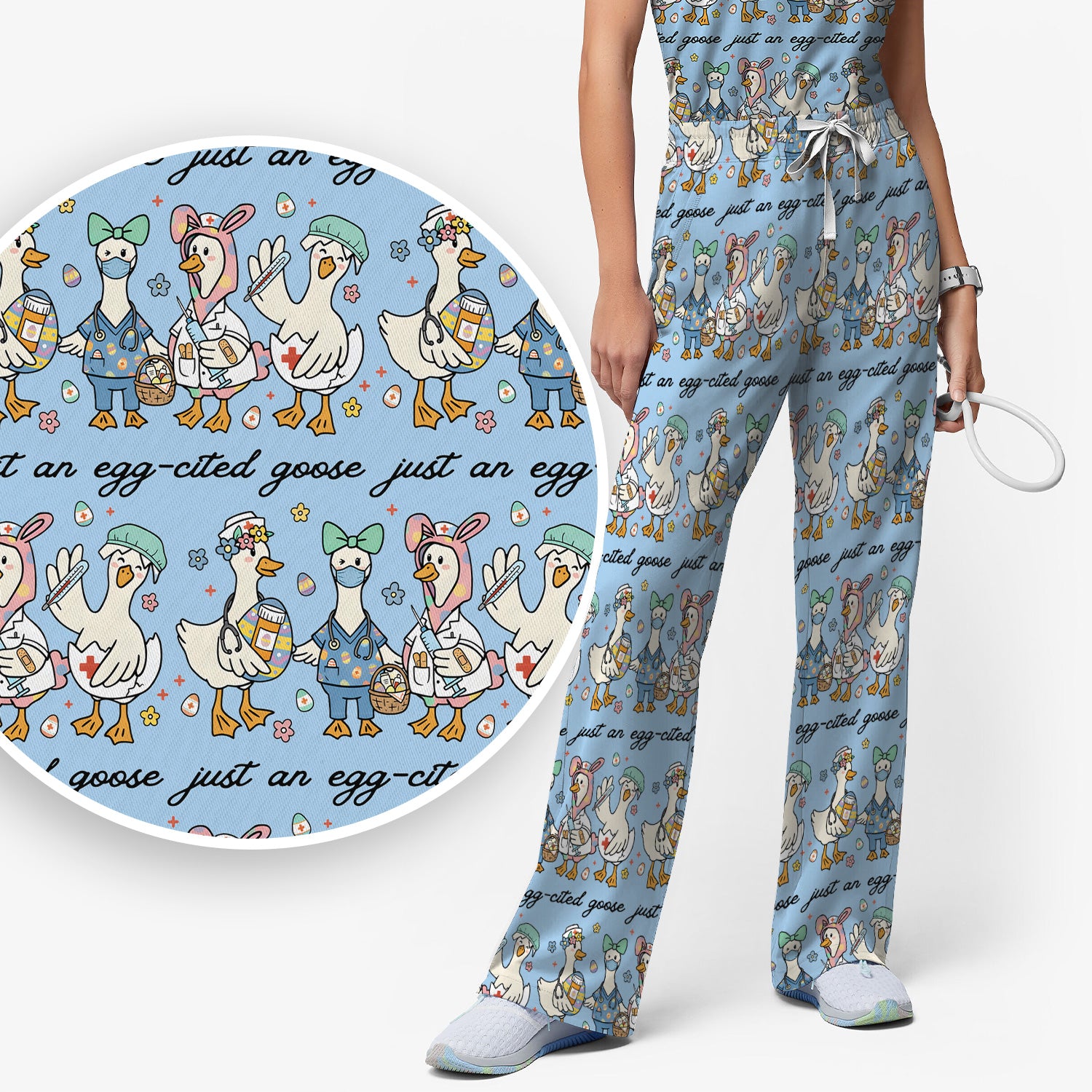 Funny Easter Nurse Goose Pattern Scrub Set, Scrub Pants and V Neck Top