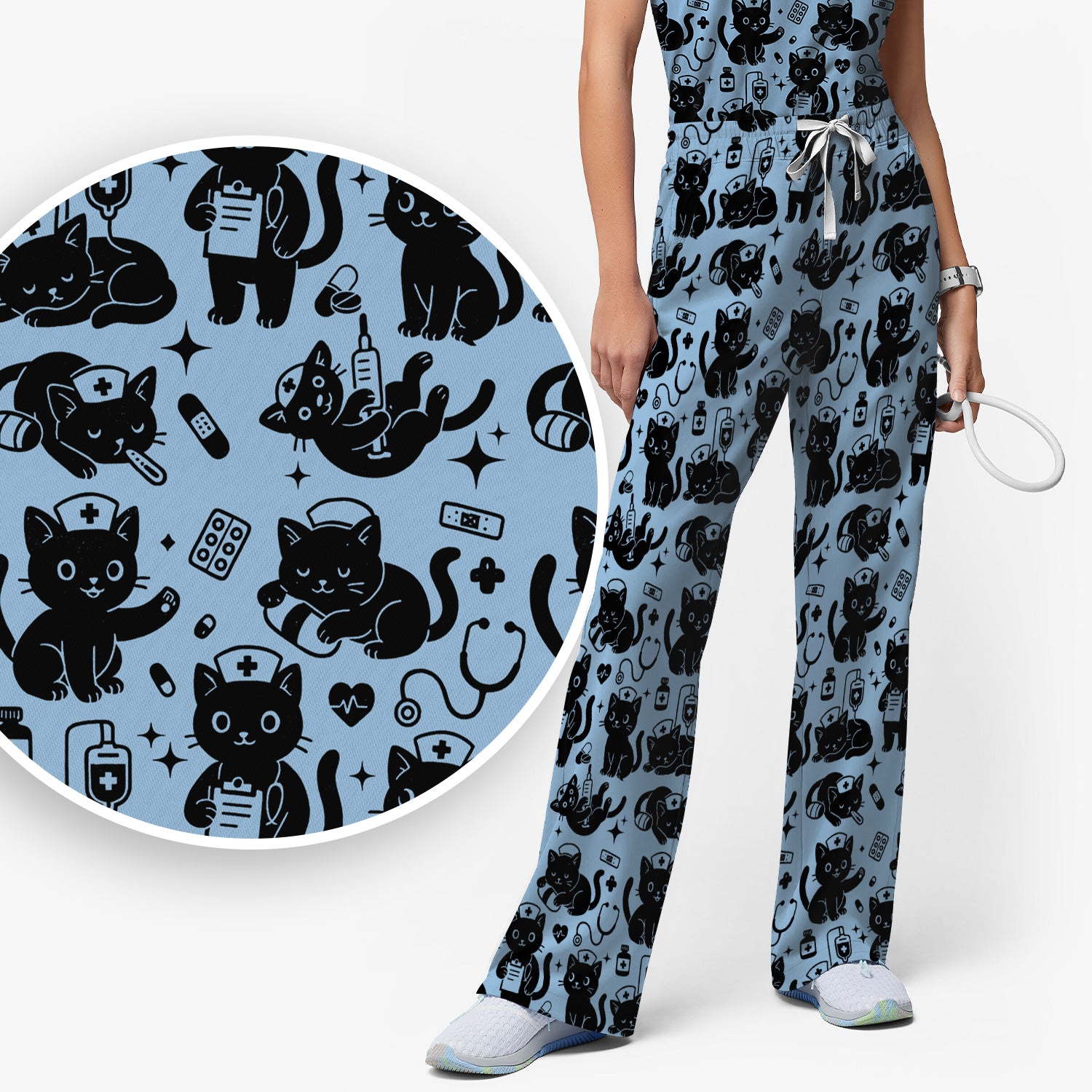 Cute Black Cat Nurse Pattern Scrub Set, Breathable Med Uniform
