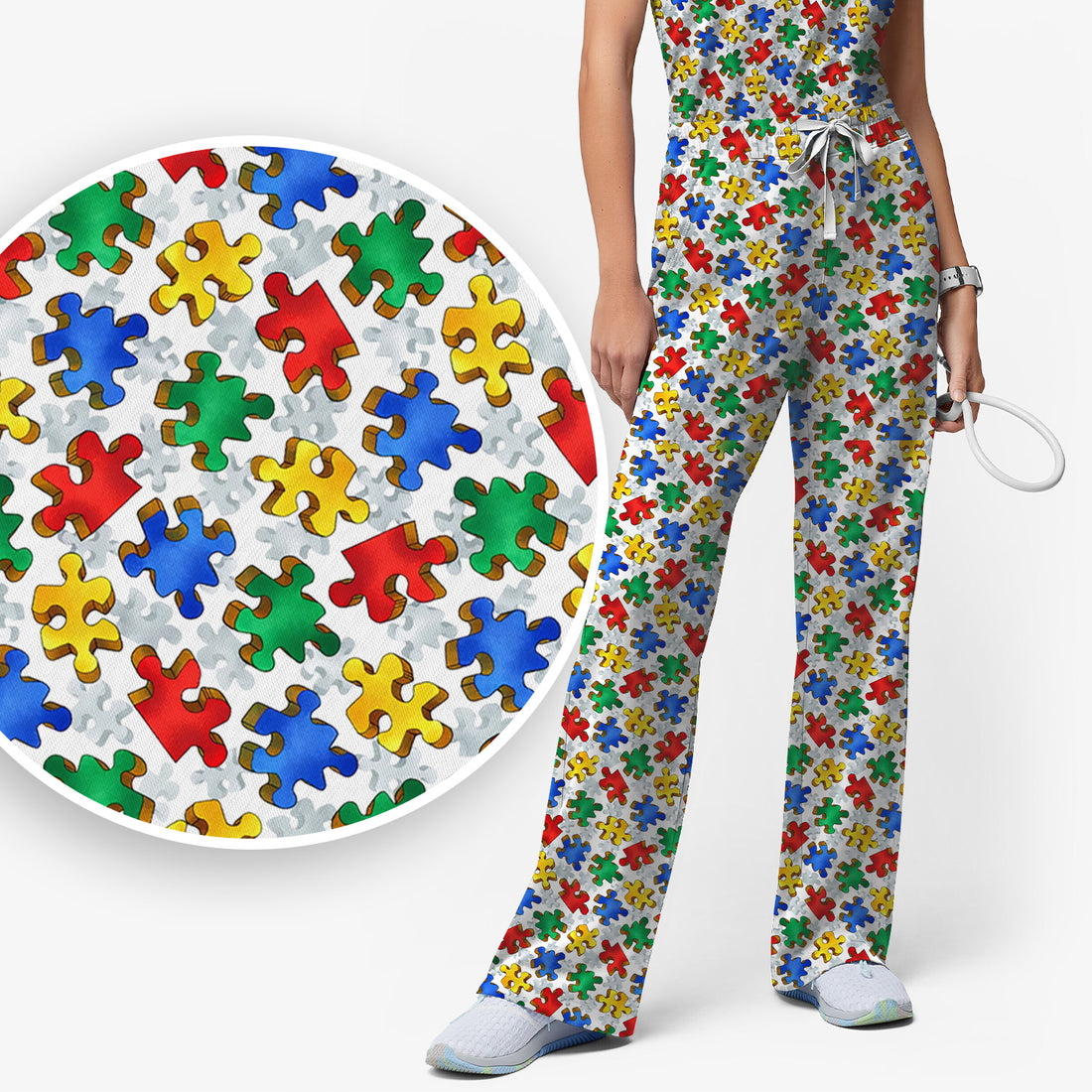 Colorful Autism Puzzle Piece Print Scrub Set, Scrub Pants and V Neck Top