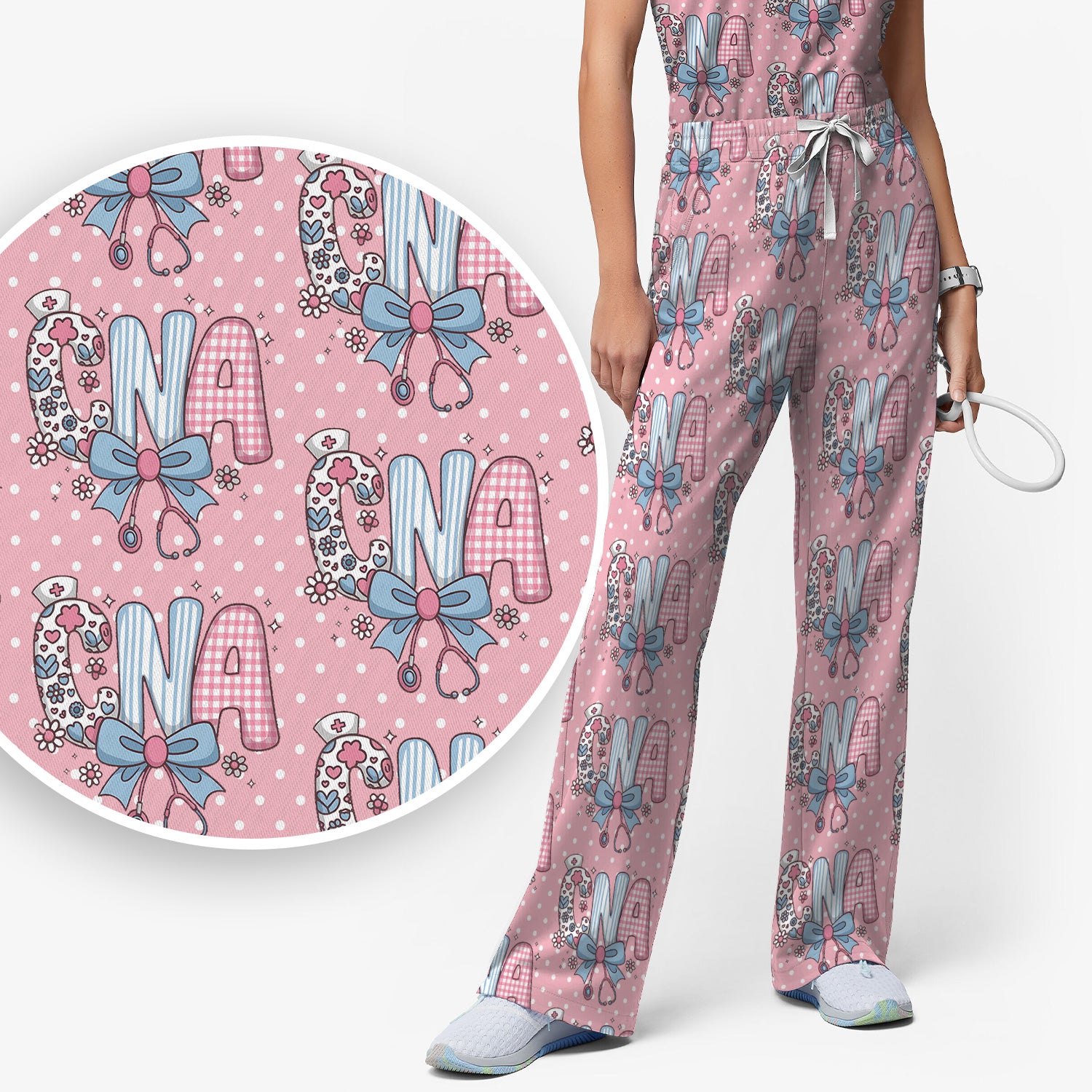 Cute CNA Floral Bow Pattern Scrub Set, Scrub Pants and V Neck Top, Breathable Med Uniform