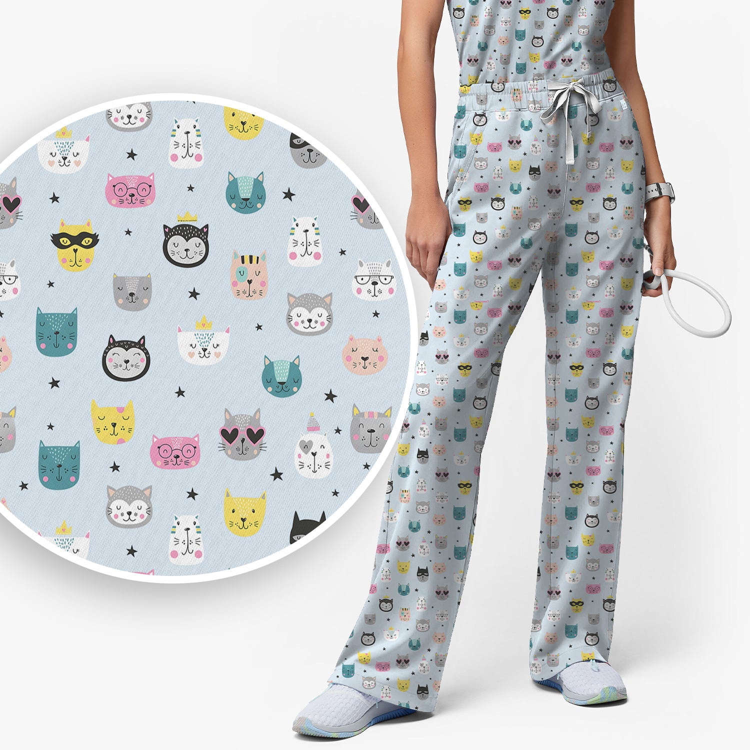 Cute Colorful Cat Pattern Women's Scrub Sets, Breathable Med Uniform