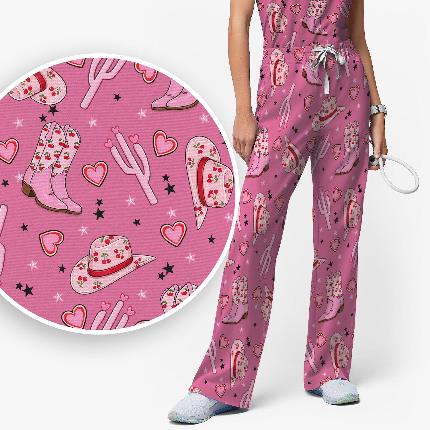 Pink Cowgirl Western Boots Hat Pattern Scrub Set, Scrub Pants and V Neck Top