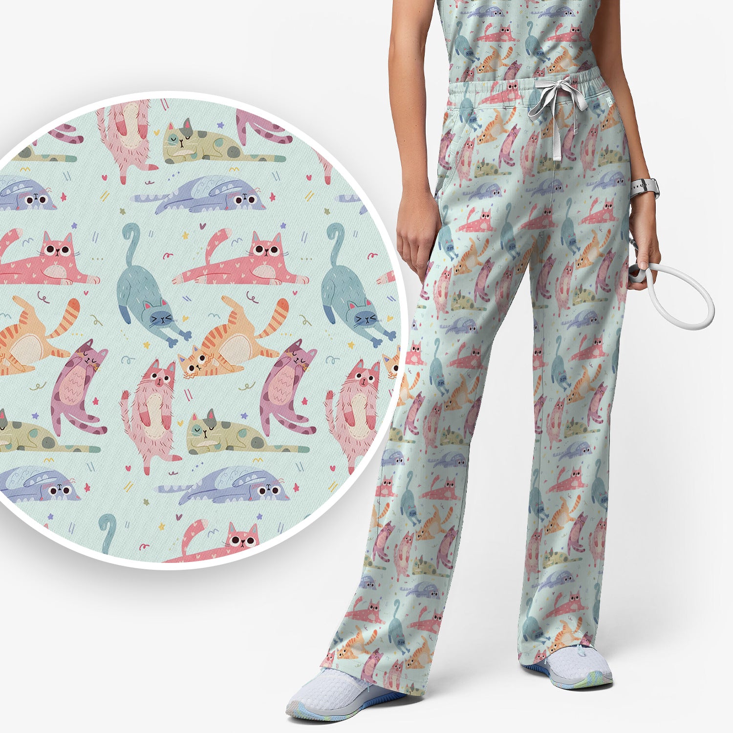 Funny Pastel Cat Pattern Medical Scrub Set, Breathable Fabrics Nursing Uniform