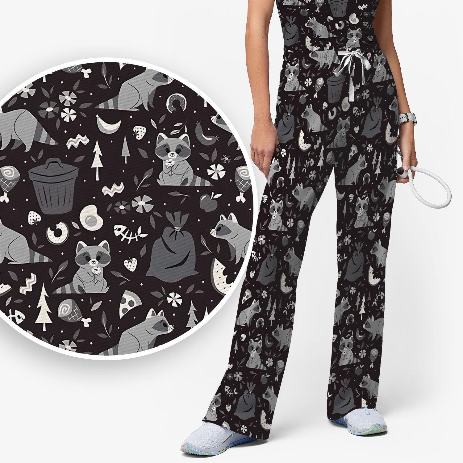 Cute Raccoon Forest Food Pattern Scrub Set, Scrub Pants and V Neck Top