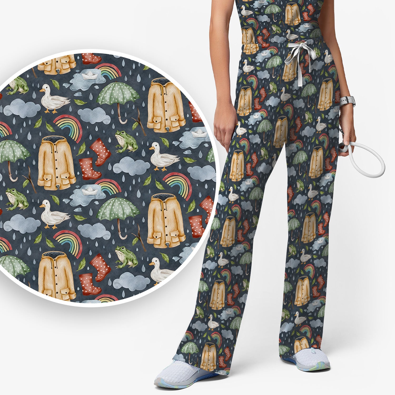 Cute Rainy Day Ducks & Frog Rainbow Pattern Scrub Set, Scrub Pants and V Neck Top