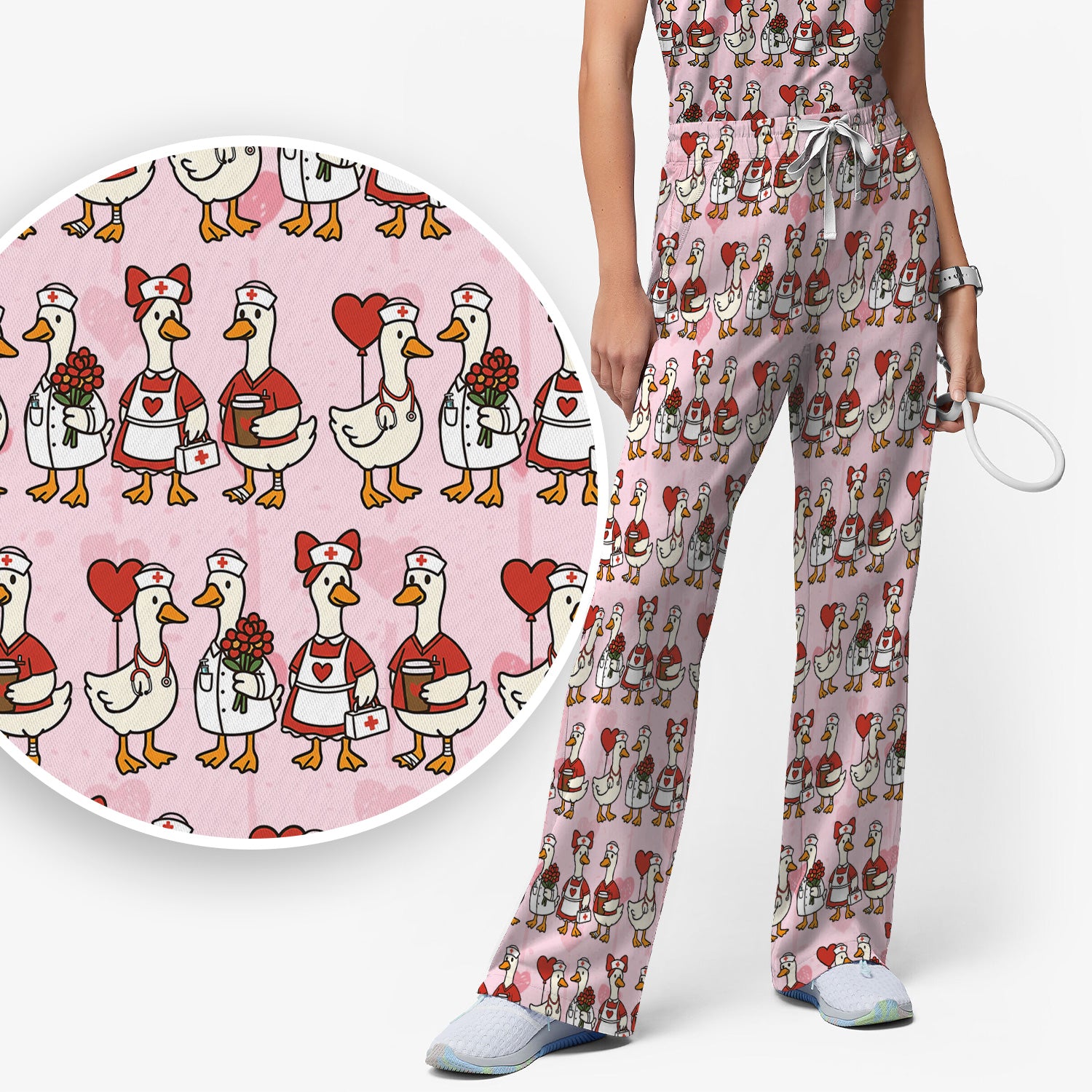 Valentine Nurse Goose with Heart Pattern Scrub Set, Scrub Pants and V Neck Top