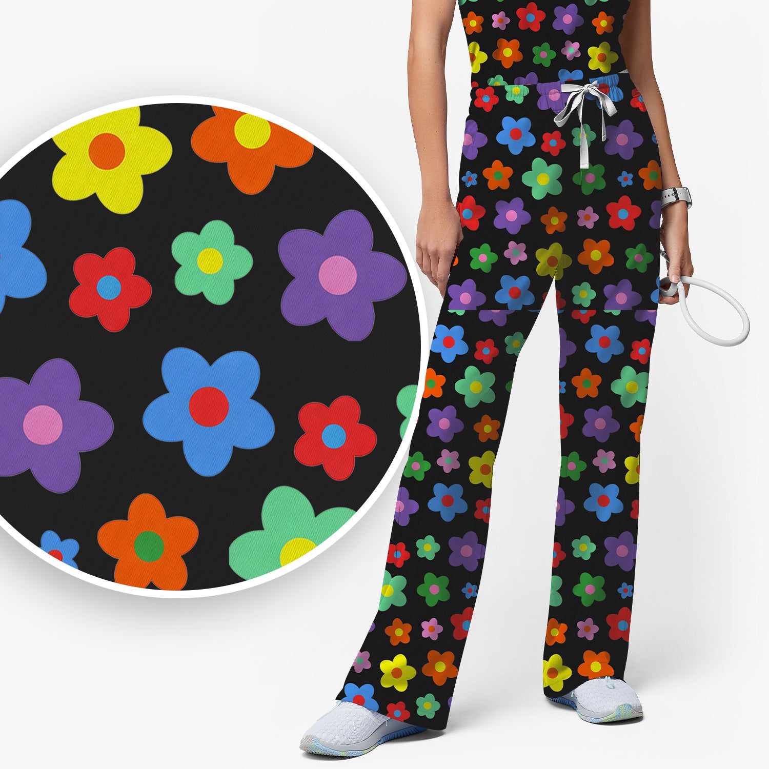 Colorful Retro Flower Pattern Print Scrub Set, Scrub Pants and V Neck Top
