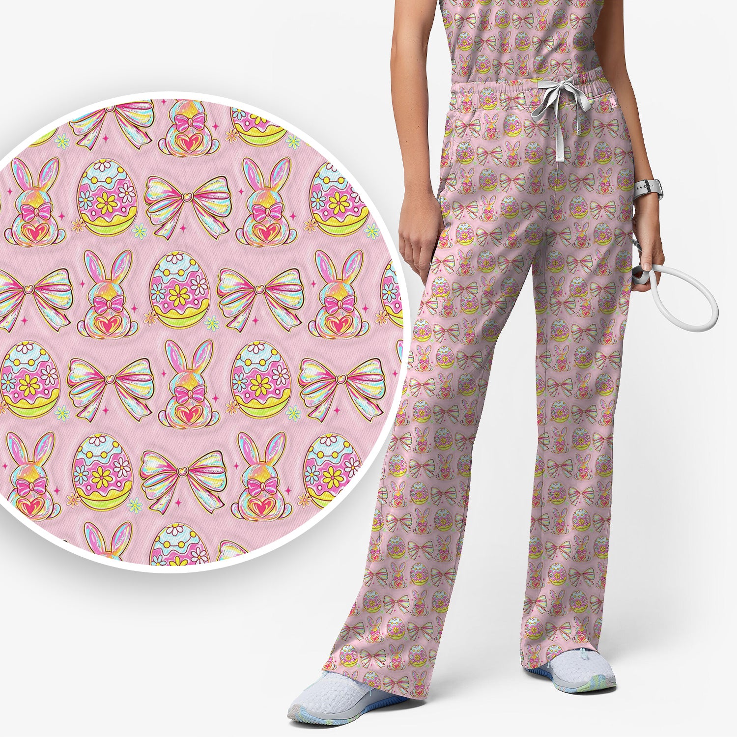 Easter Bunny Pastel Egg Bow Pattern Scrub Set, Breathable Med Uniform