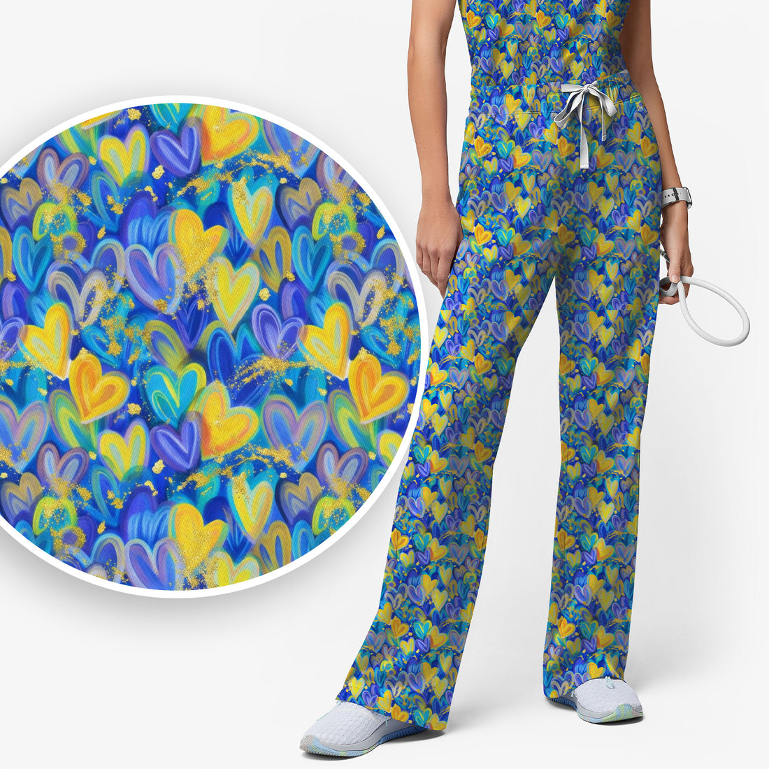 Blue and Yellow Layered Heart Pattern Print Scrub Set, Scrub Pants and V Neck Top