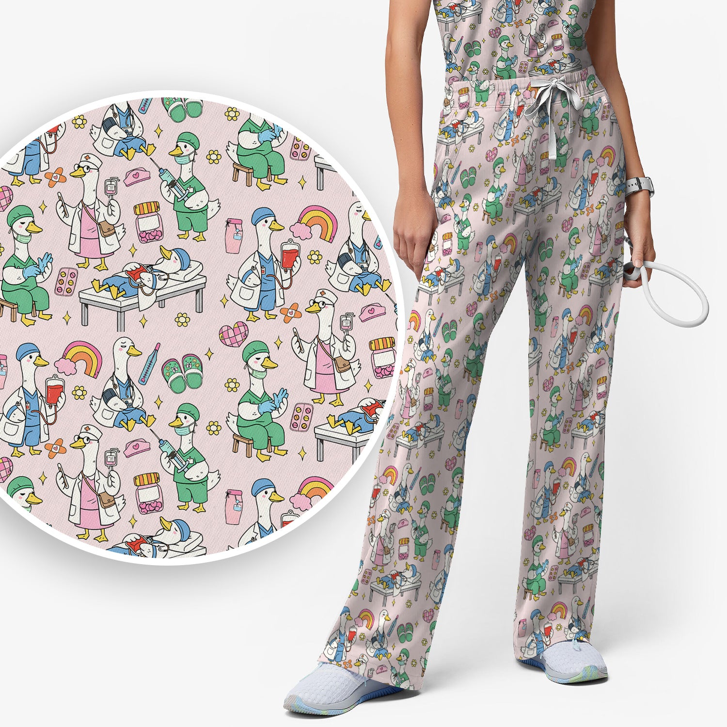 Funny Nurse Duck Medical Doodle Pattern Scrub Set, Scrub Pants and V Neck Top