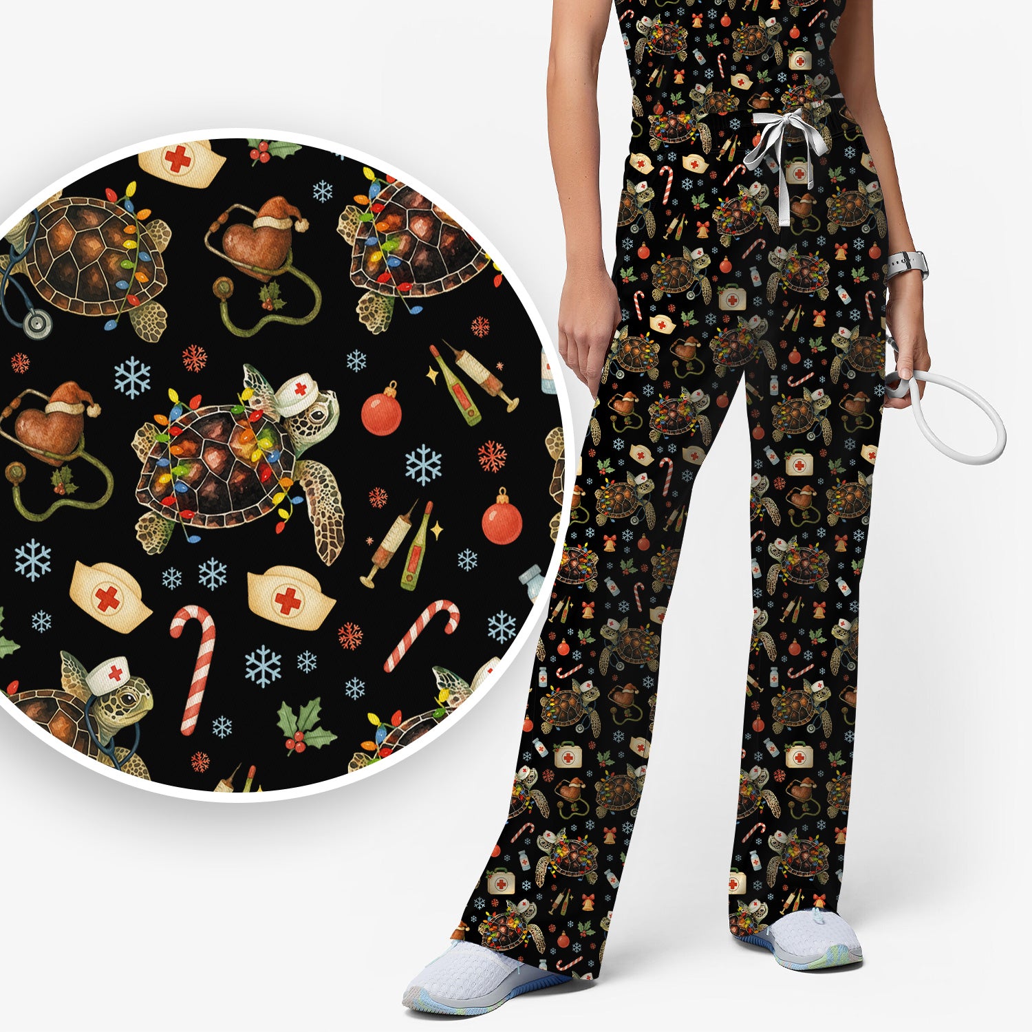 Funny Christmas Scrub Set - Sea Turtle with Xmas Lights Scrubs Pants and V Neck Top - Holiday Nurse Med Uniform for Women