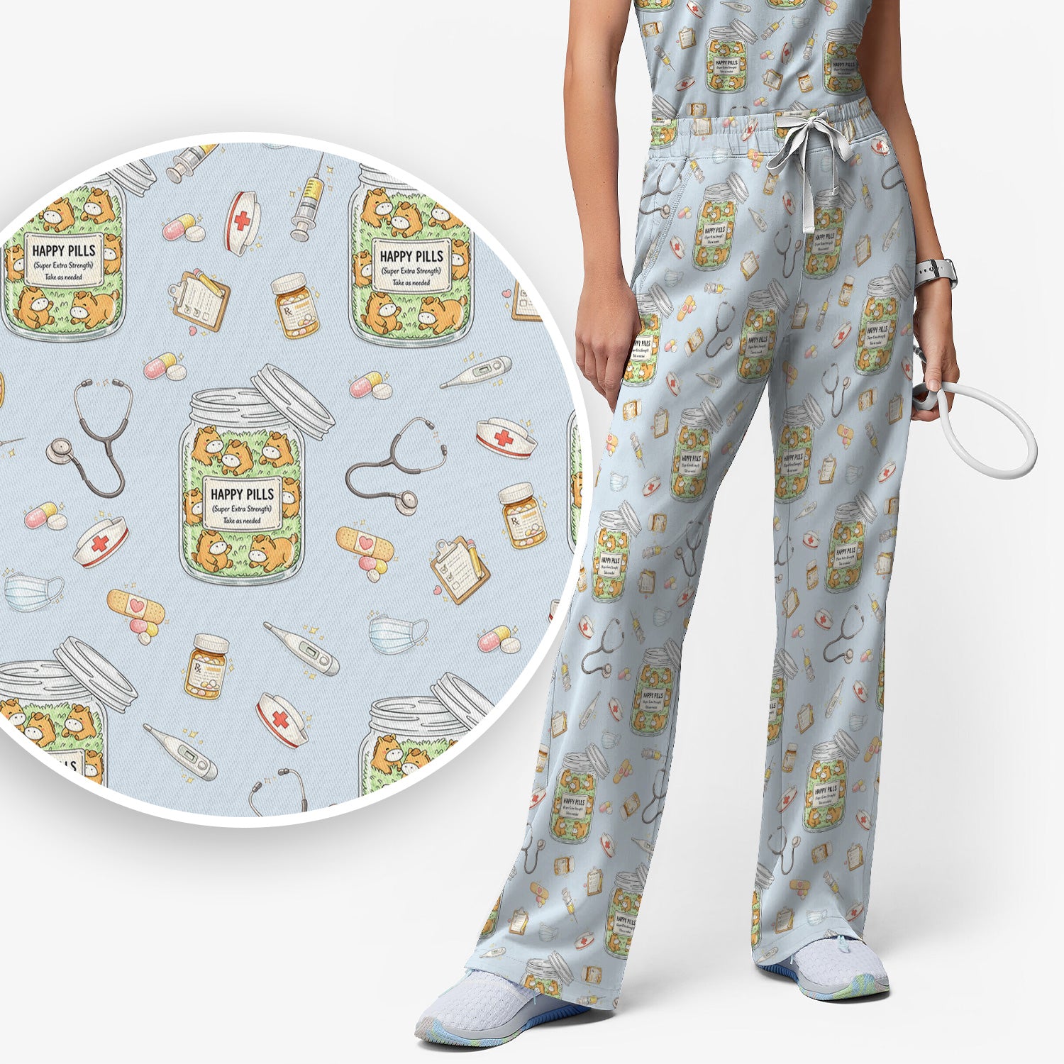 Happy Pills Horse Medical Print Women's Scrub Set, Scrub Pants and V-Neck Top