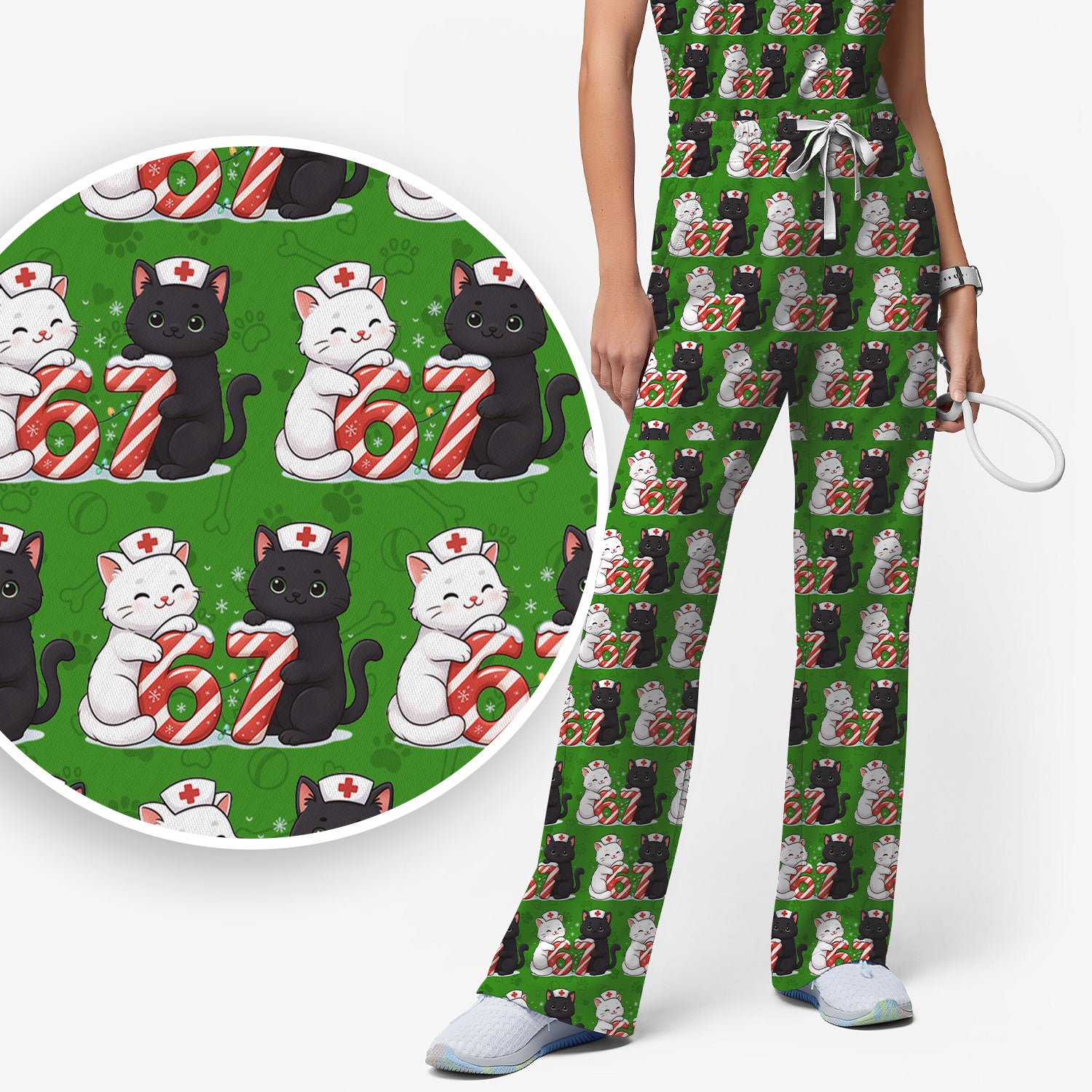 Xmas Cat Pattern Scrub Set, Christmas Nurse Six Seven With Cat Scrub Shirt, Breathable Fabrics Nursing Uniform
