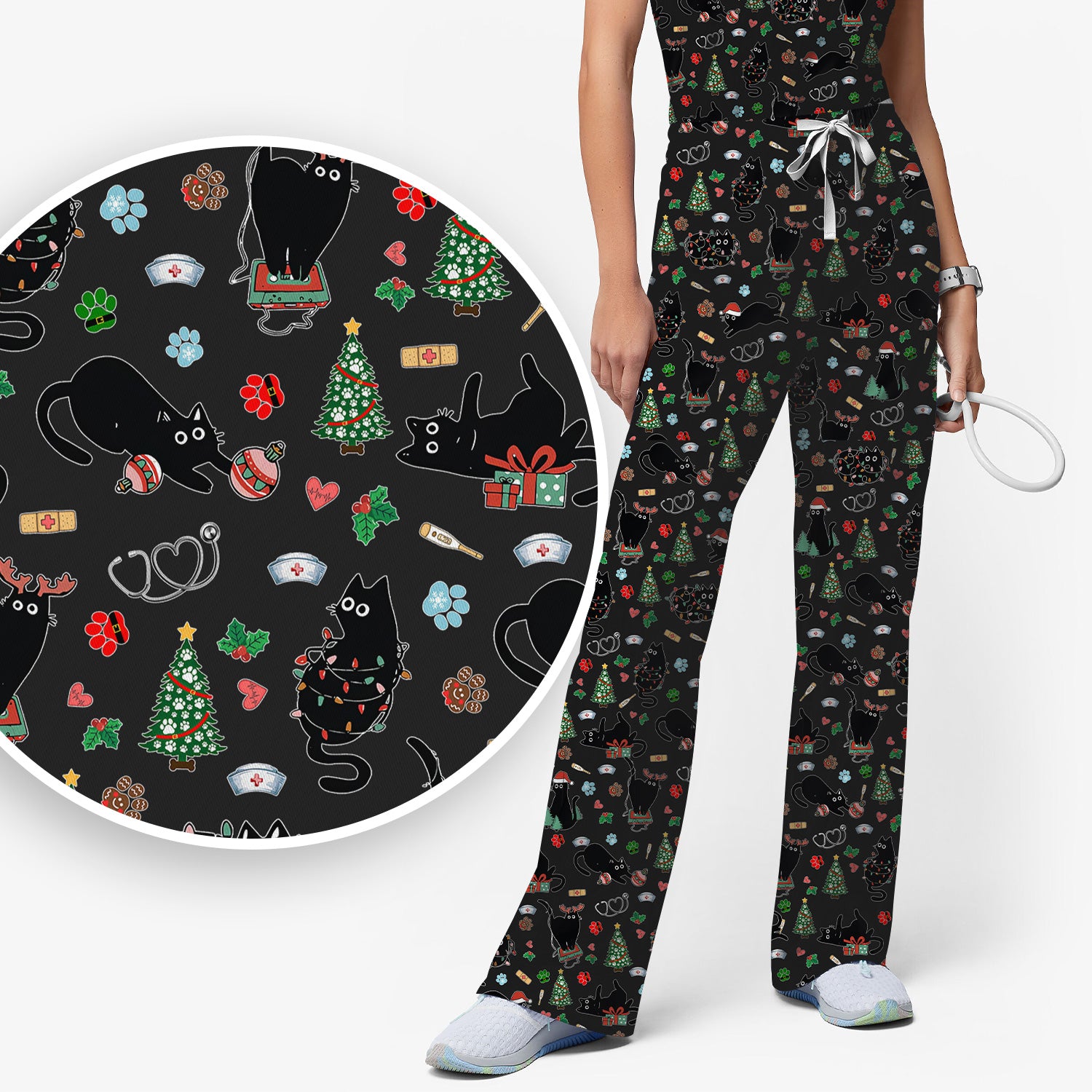 Black Cat Christmas Nurse Scrub Set, Festive Kitty Medical Uniform for Women