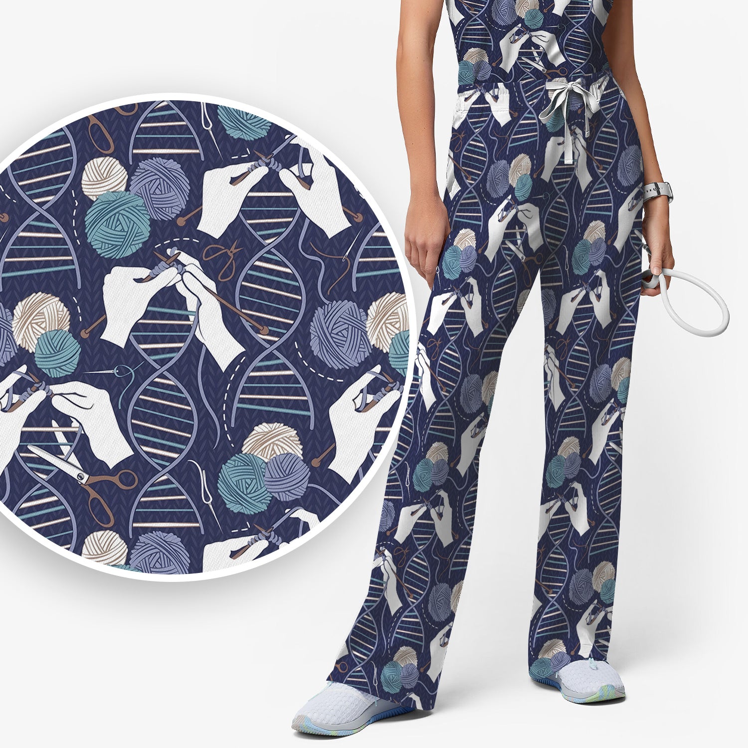 DNA Helix Yarn Pattern Scrub Set, Scrub Pants and V Neck Top