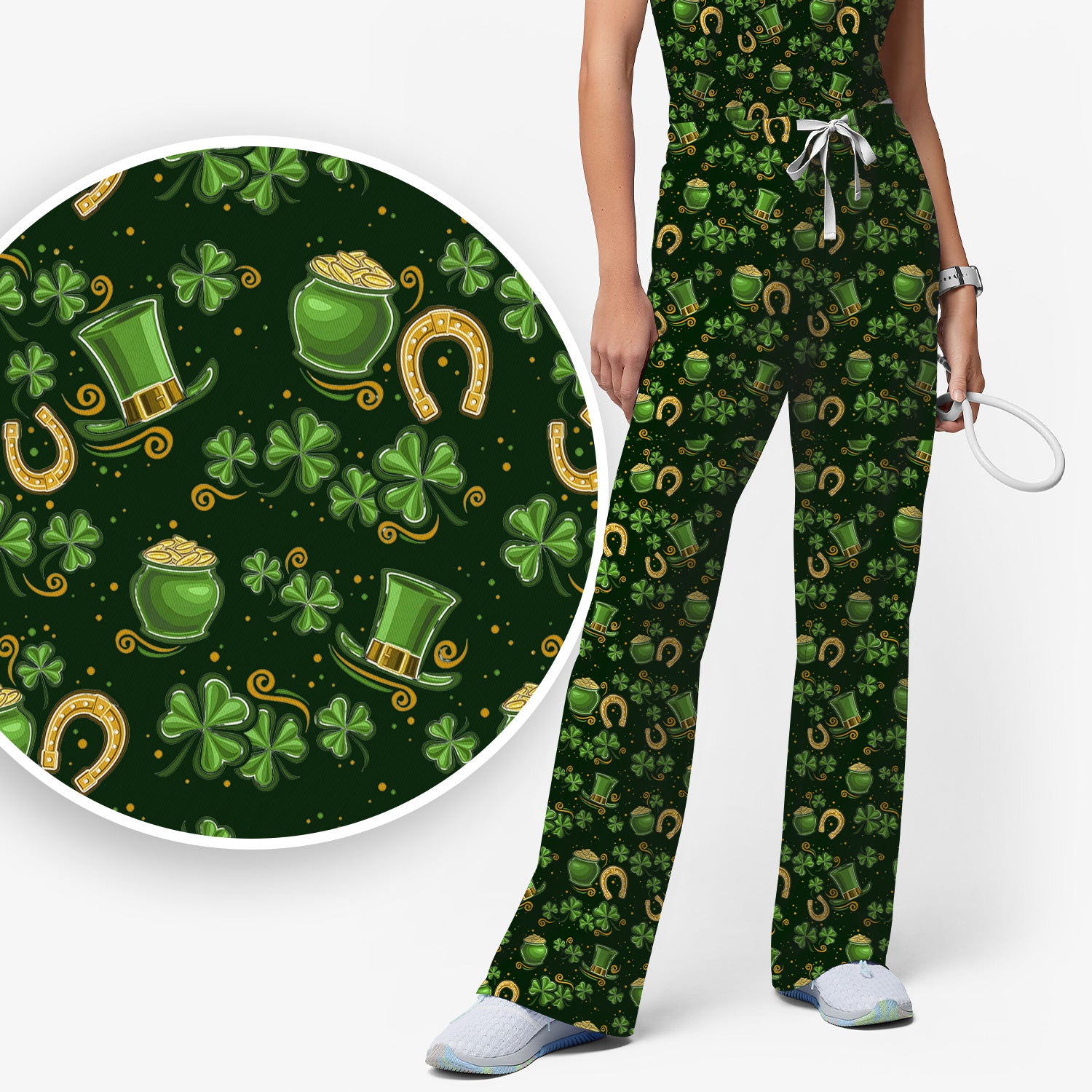 St. Patrick Shamrock Print Scrub Set, Scrub Pants and V Neck Top