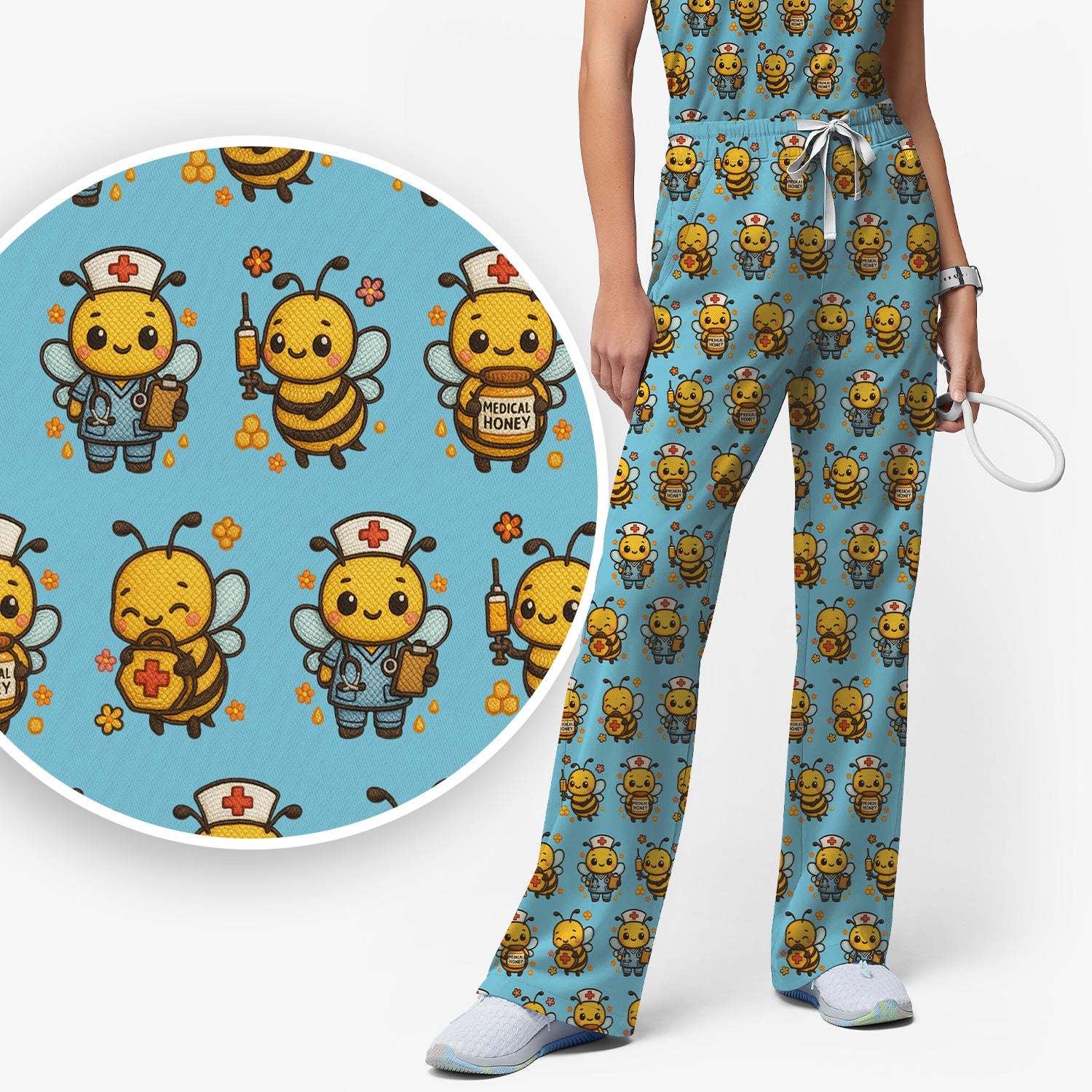 Cute Nurse Bee Scrub Set, Kawaii Medical Honey Bee Pattern Shirt for Nursing Professionals