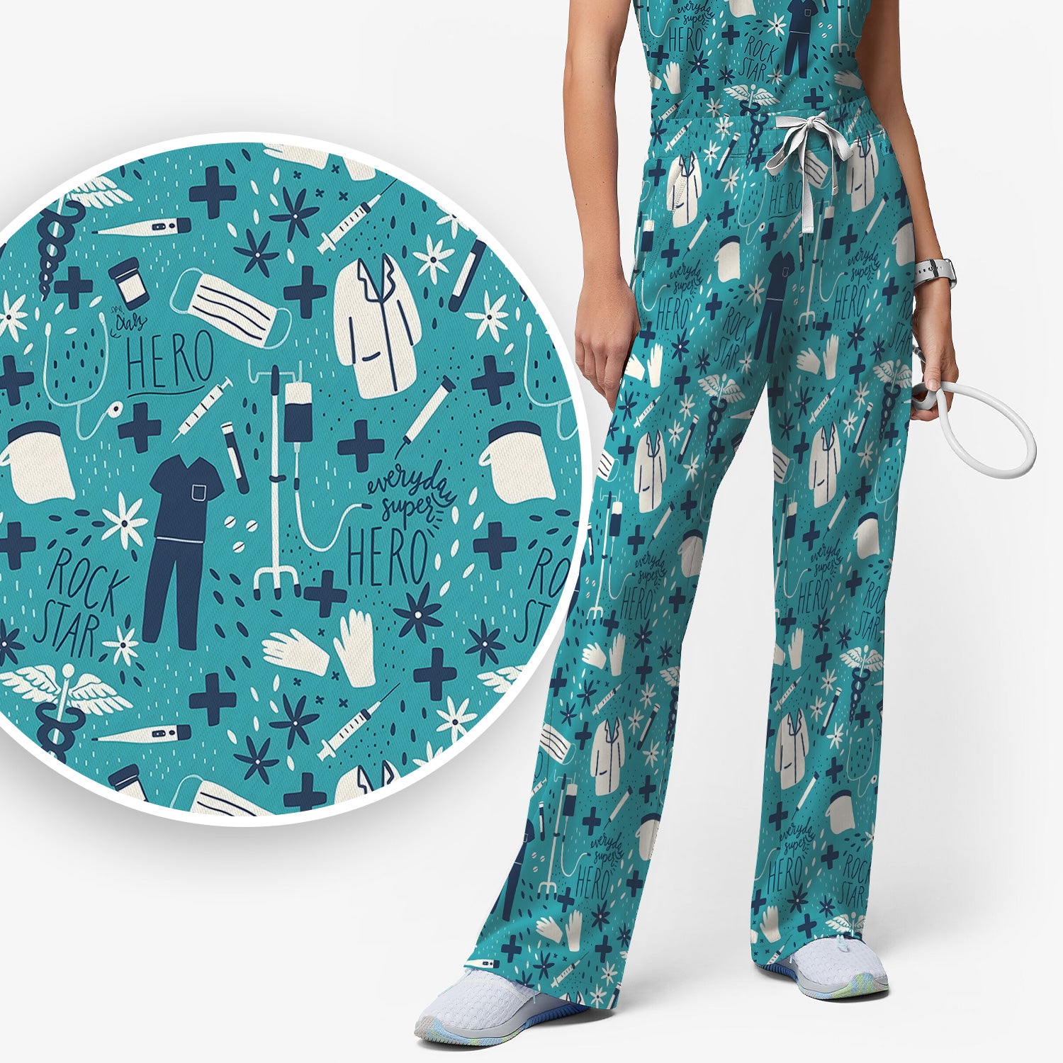 Inspirational Healthcare Hero Medical Tools Nurse Pattern Scrub Set, Scrub Pants and V Neck Top