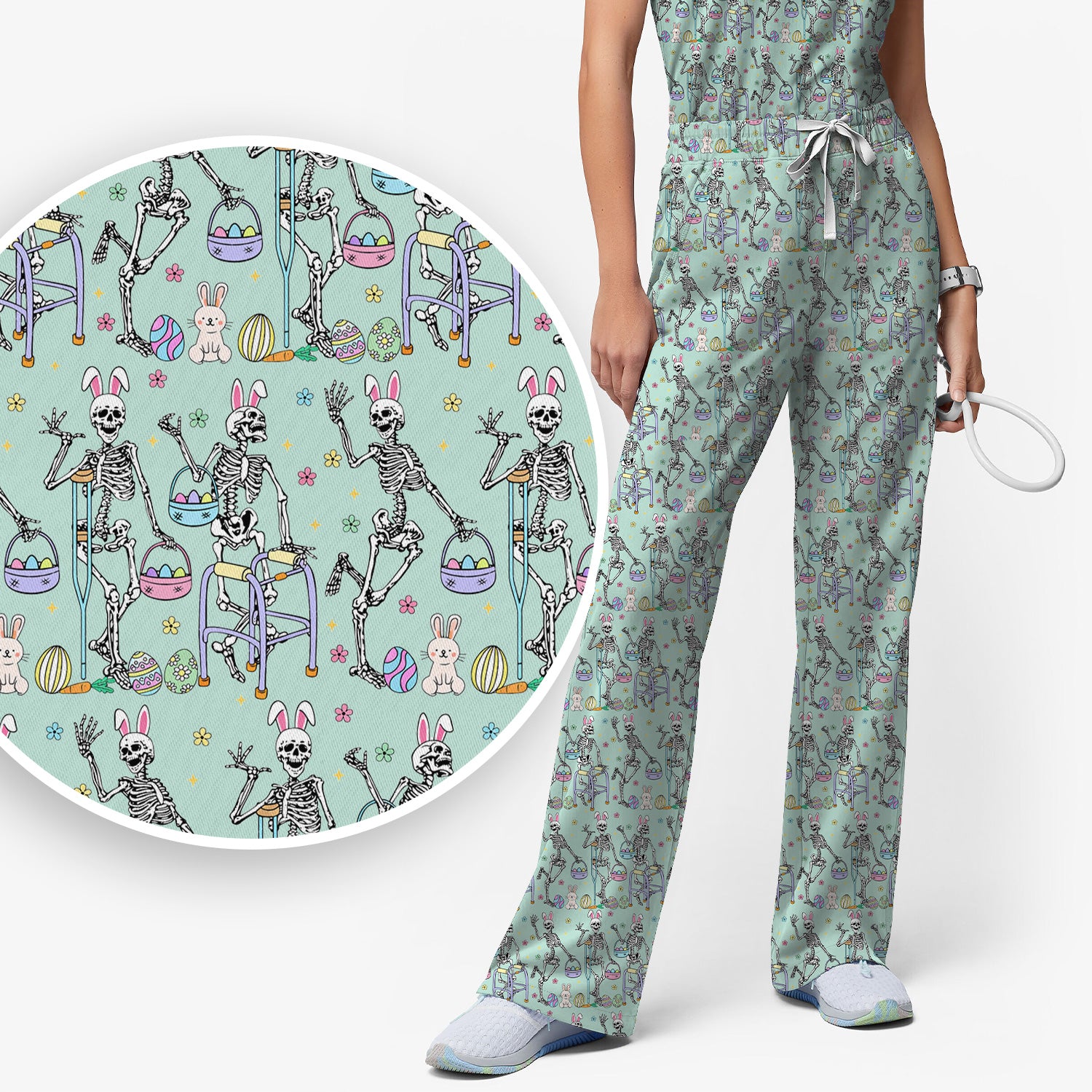 Fun Skeleton Bunny Easter Print Scrub Set, Scrub Pants and V Neck Top