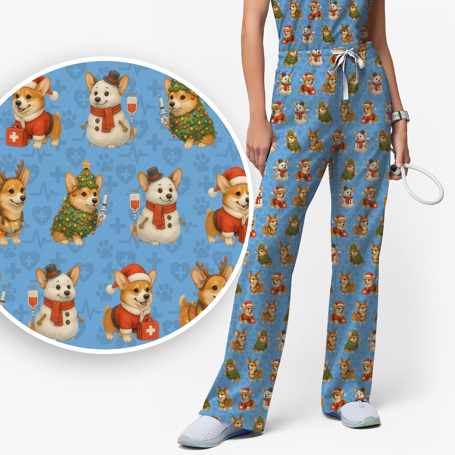 Corgi Christmas Scrubs Set - Adorable Festive Scrub Top & Pants - Fun Holiday Corgi Scrubs Perfect for Nurse Gift Season