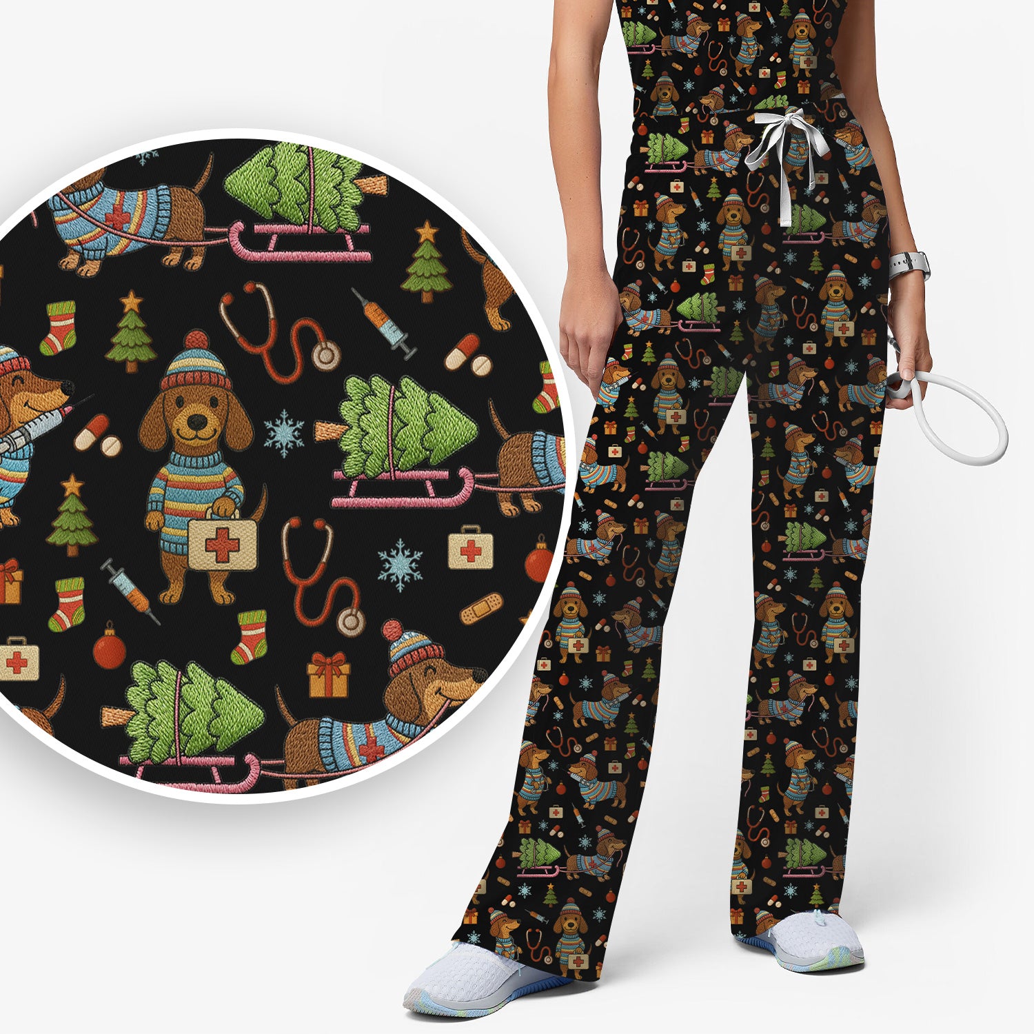 Dachshund Dog Scrub Set For Nurse, Funny Wiener Dog Lover Gift, Cute Dog 3D Knit Pattern Shirt