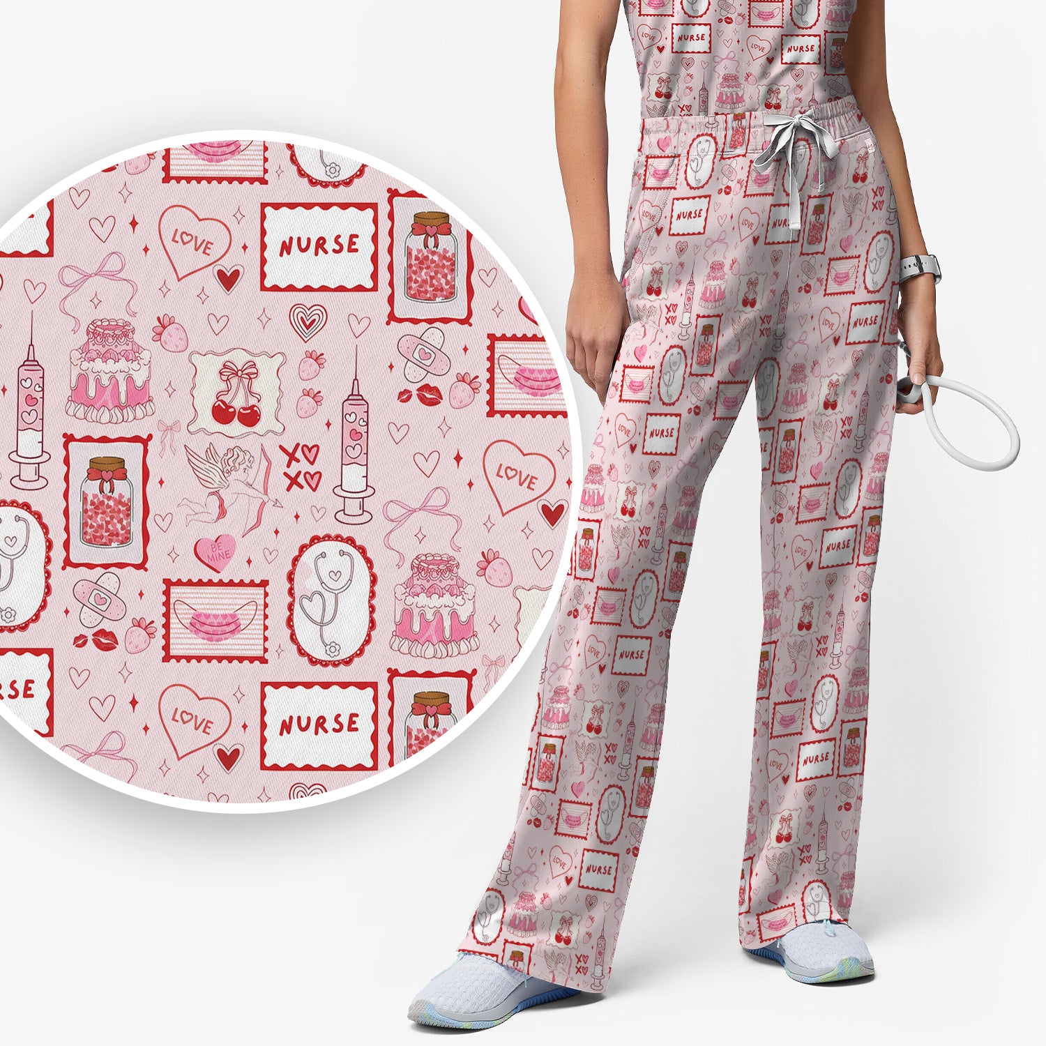Nurse Icons Hearts Syringes Valentine Scrub Set, Scrub Pants and V Neck Top