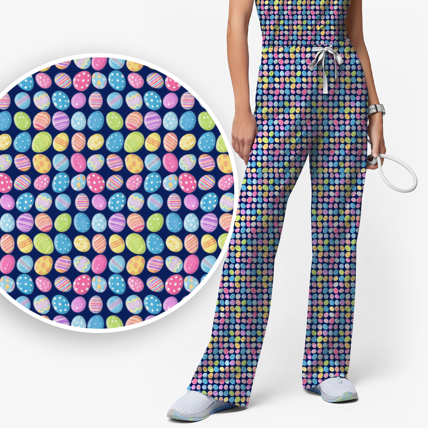 Colorful Easter Eggs Pattern Scrub Set, Scrub Pants and V Neck Top