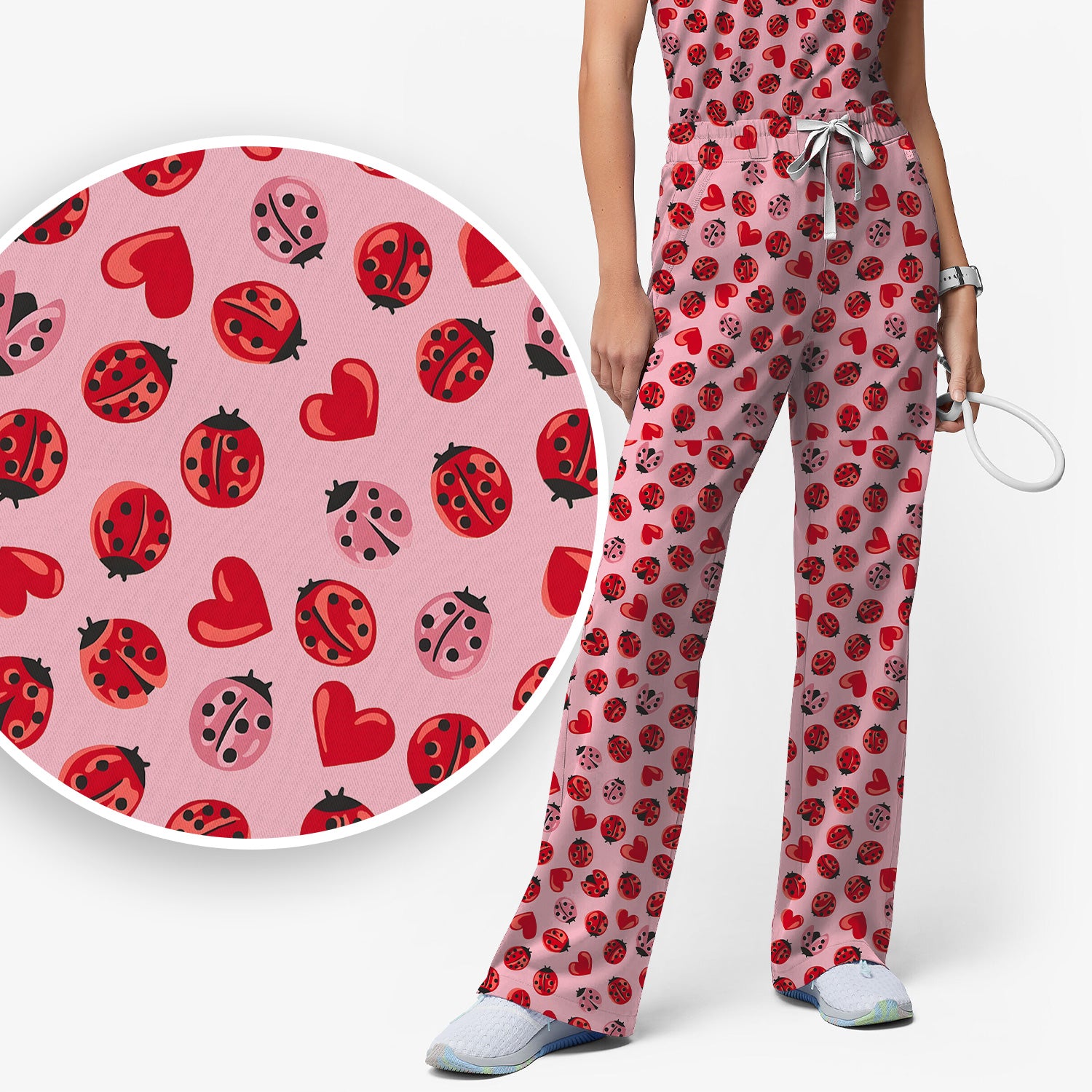 Cute Ladybug and Red Heart All Over Print Set, Women's Scrub Sets