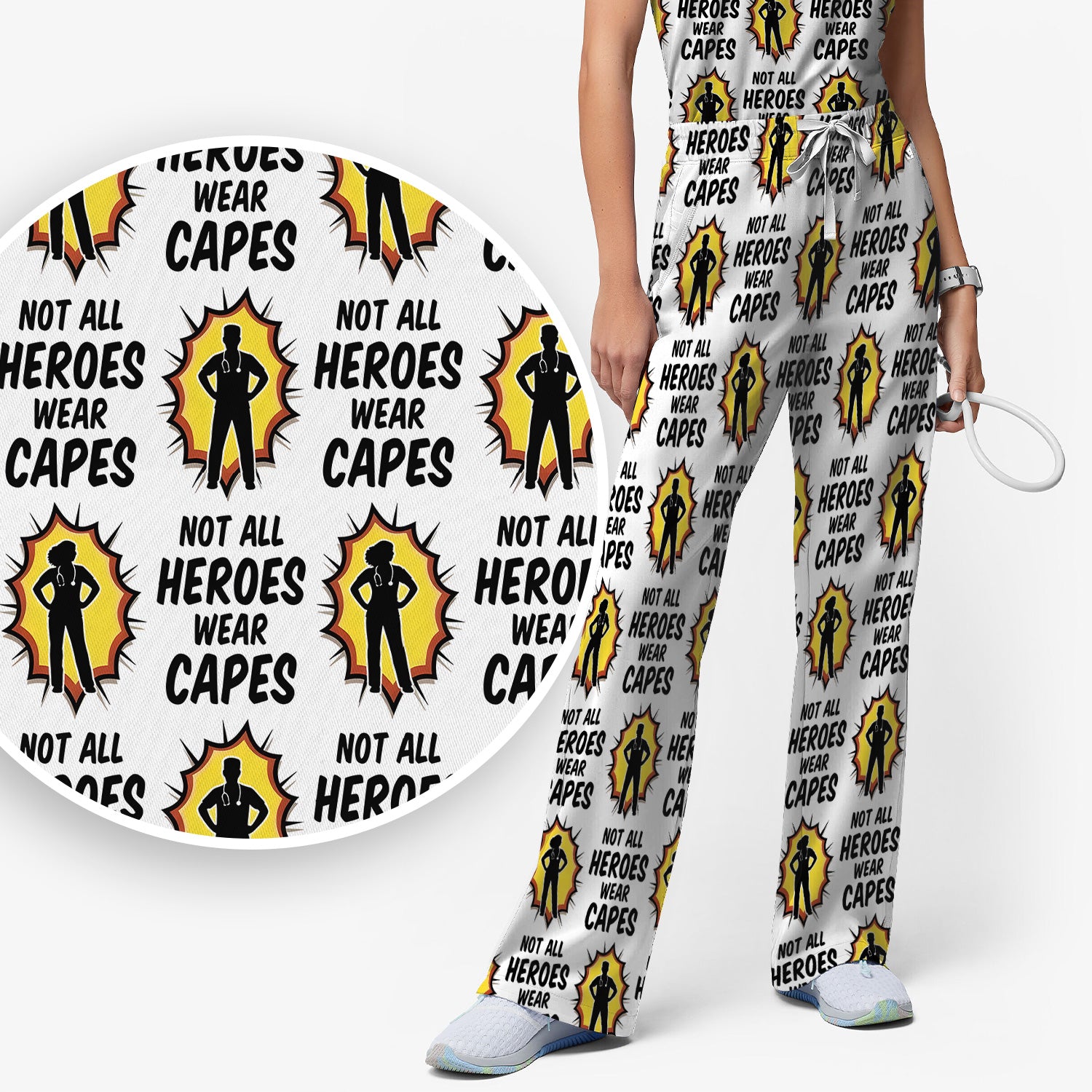 Not All Heroes Wear Capes Nurse Pattern Scrub Set, Scrub Pants and V Neck Top