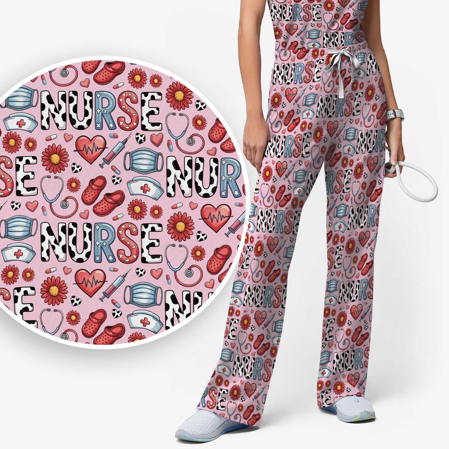 Cute Nurse Medical Icon Pattern Scrub Set, Scrub Pants and V Neck Top
