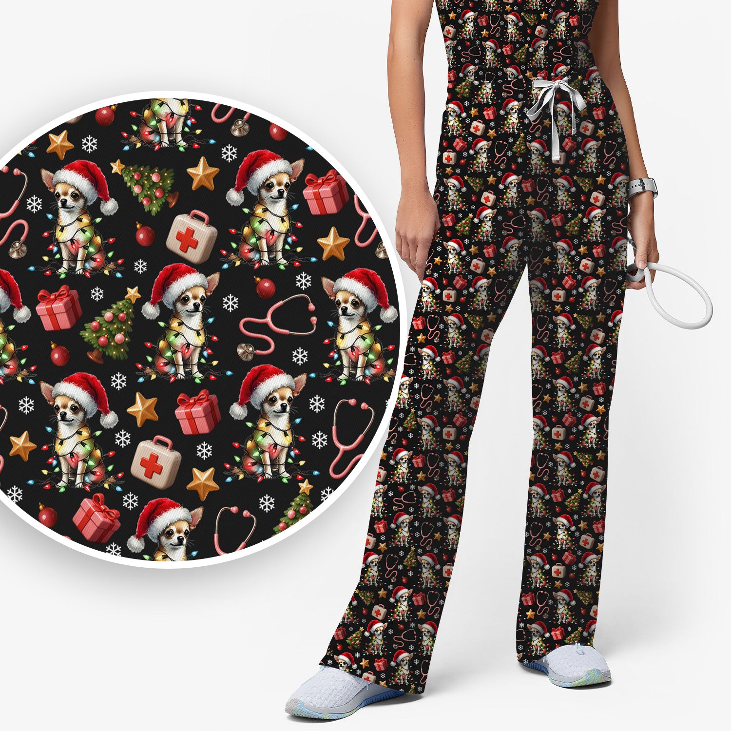 Funny Chihuahua Nurse Scrub Set, Christmas Dog Pattern Scrub With Top And Pants, Holiday Scrubs for RN, LPN, CNA, Vet Tech Gift