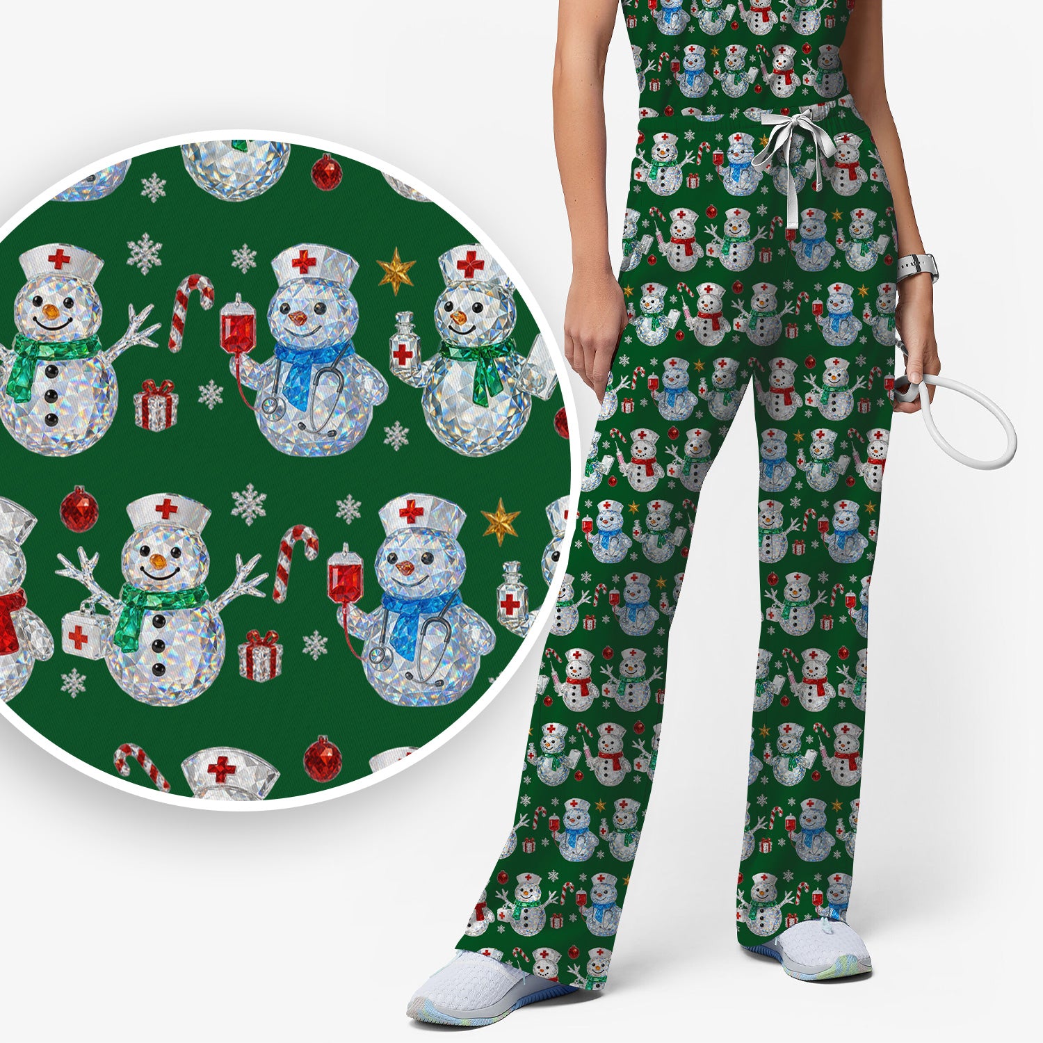 Nurse Snowman Christmas Scrub Set, Cute Holiday Medical Pattern Shirt For Women, Winter Snowflake Nursing Uniform