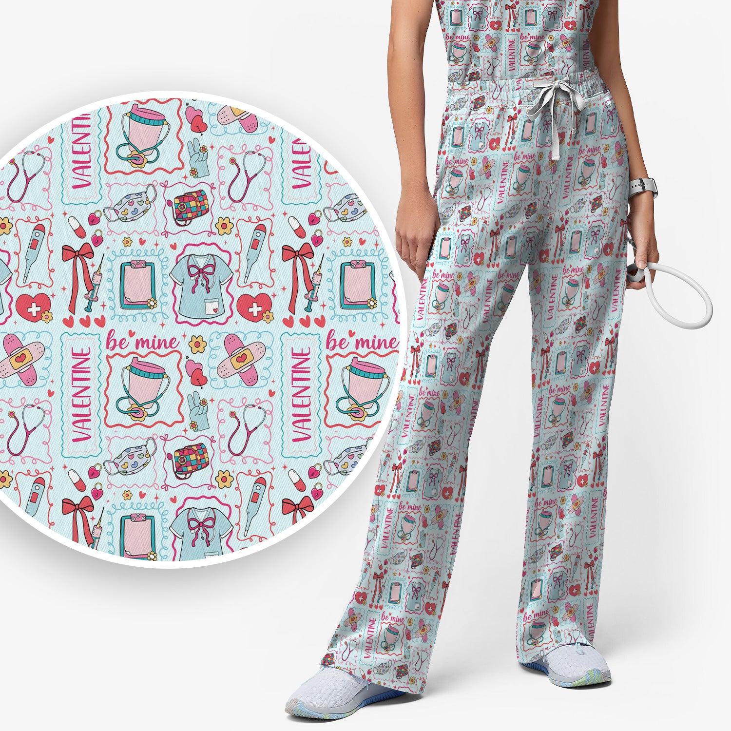 Valentine Medical Hearts Bandages Syringes Scrub Set, Breathable Med Uniform