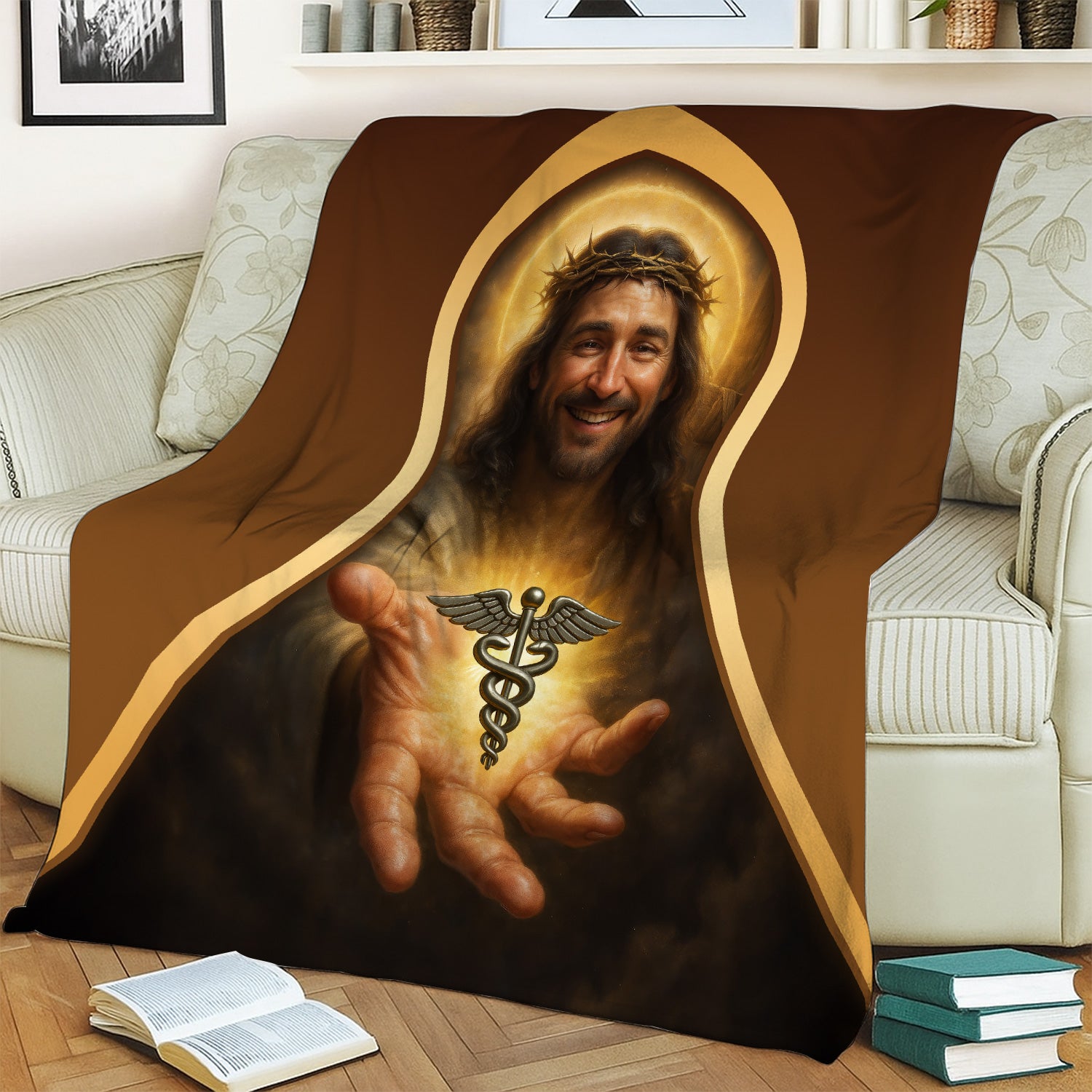 Personalized Religious Nurse Throw Blanket -Inspirational Jesus Medical Symbol Design - Christian Gift for RN CNA LPN Healthcare Workers