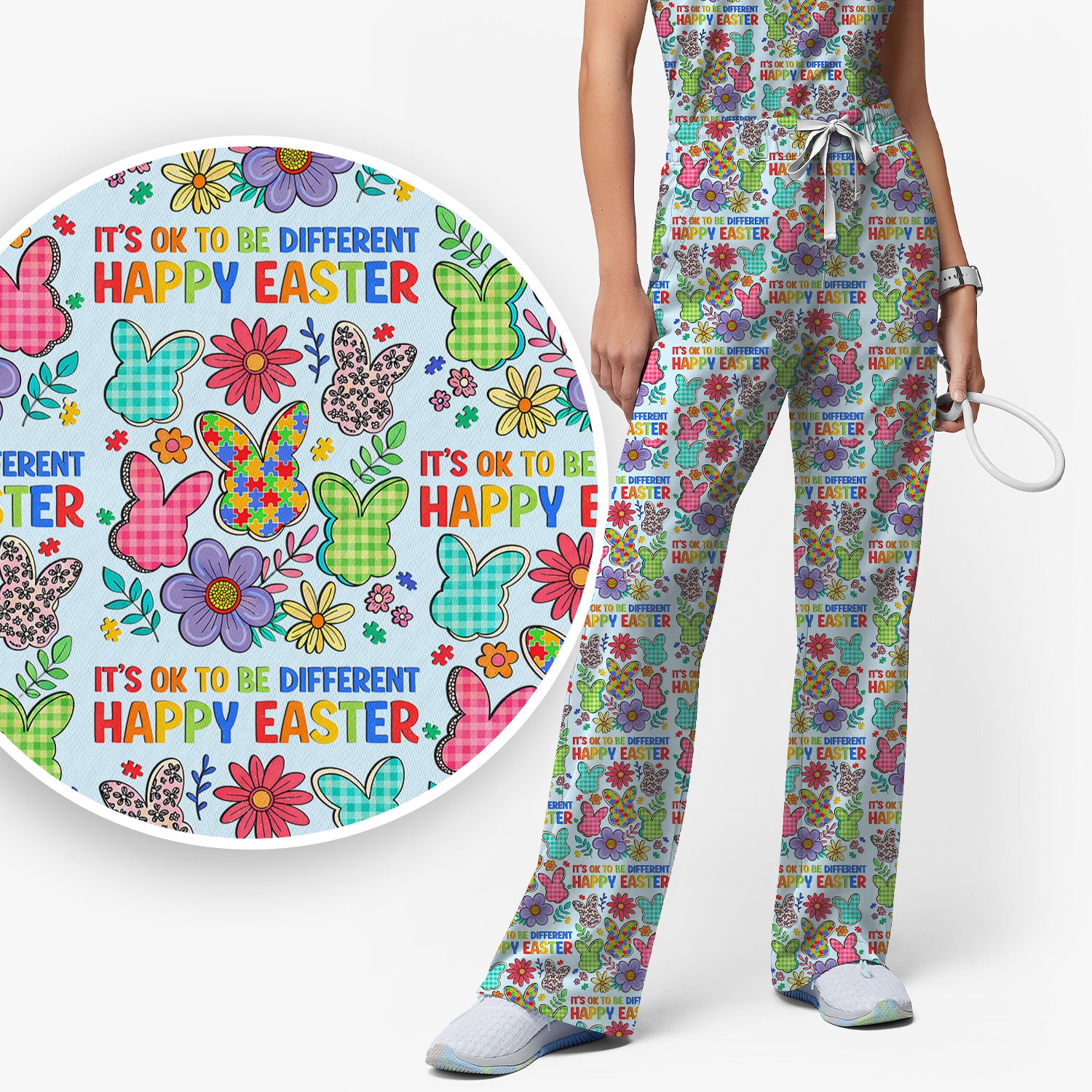 Happy Easter Bunny Floral Print Scrub Set, Breathable Med Uniform