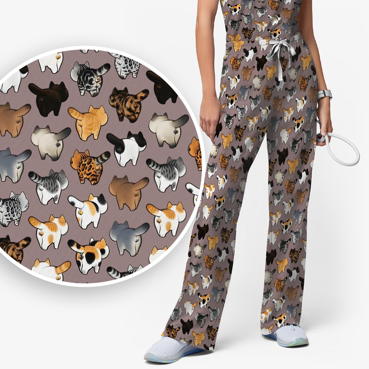 Cat Butt Pattern Medical Scrub Set, Breathable Fabrics Nursing Uniform
